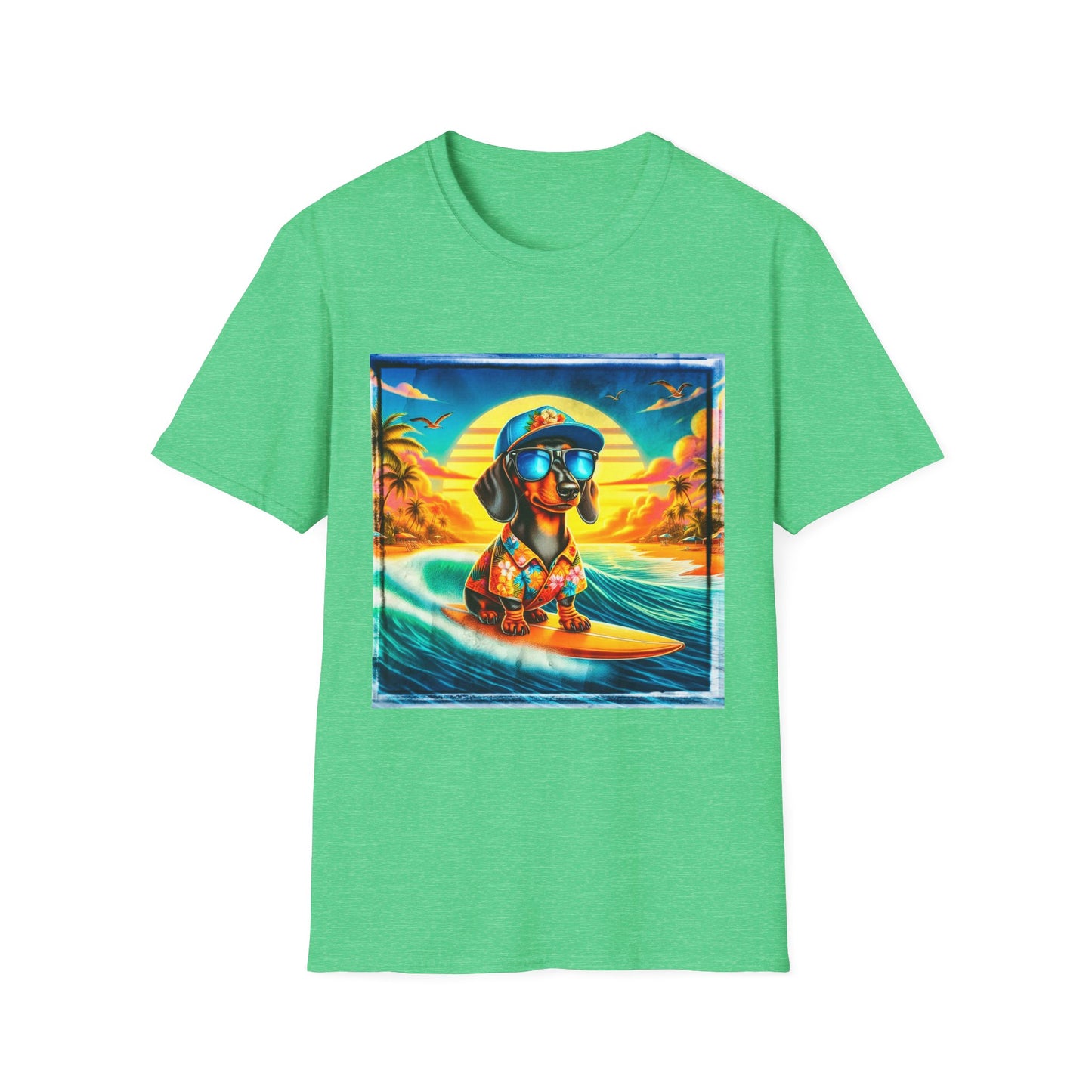 Dachshund surfing t shirt T-Shirt Printify S Heather Irish Green