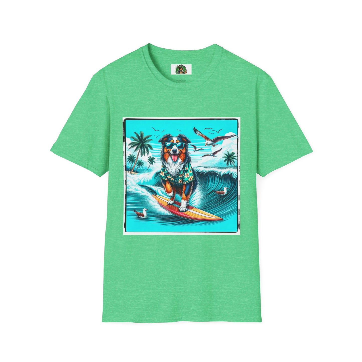 Australian Shepherd Wearing Hawaiian Shirt Surfer Dog T-Shirt Printify S Heather Irish Green