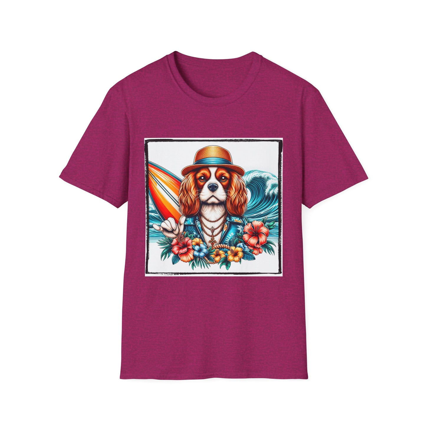 Cavalier King Charles Spaniel Hang Ten Surfer Dog TShirt T-Shirt Printify S Antique Heliconia