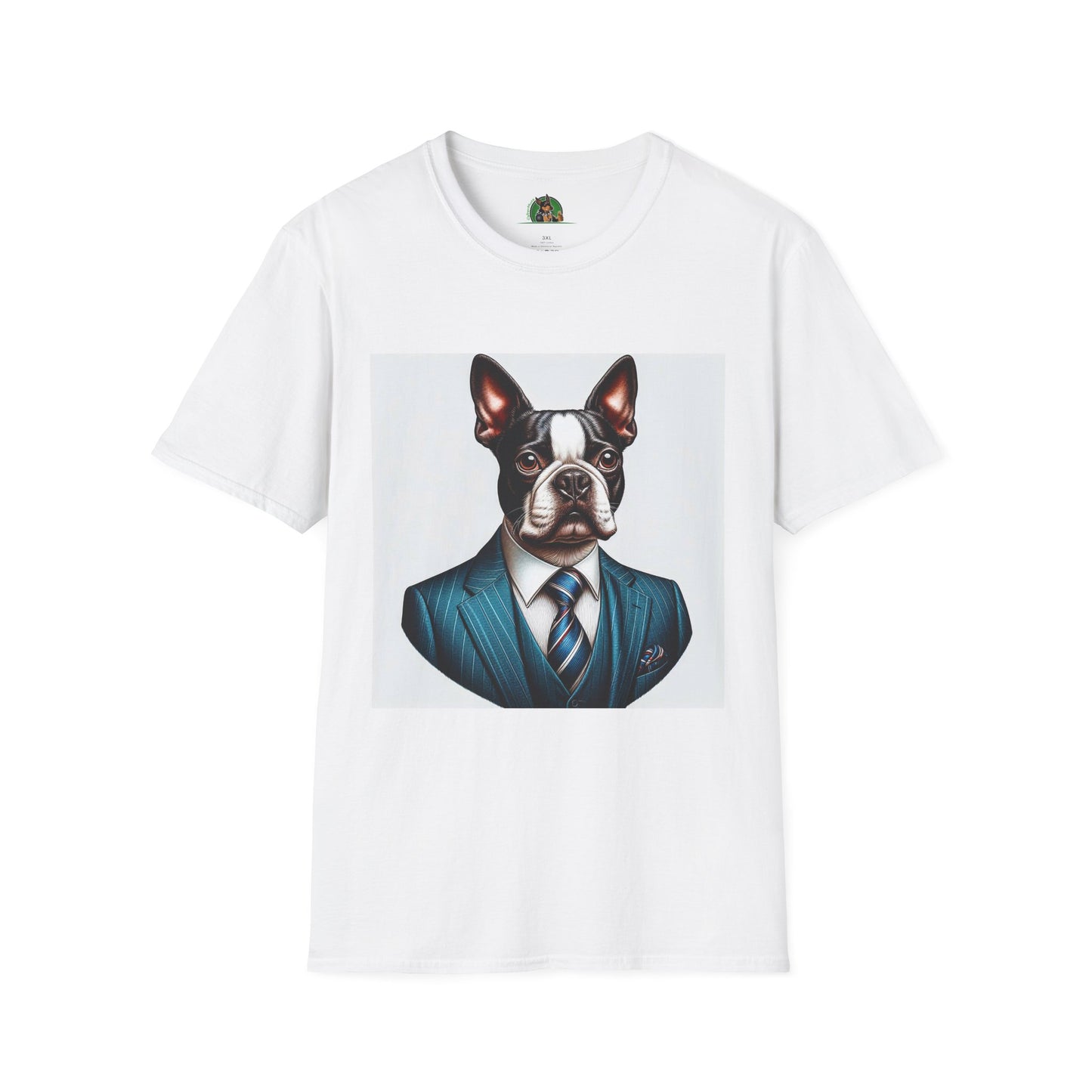 Boston Terrier Dog In Blue Suit TShirt T-Shirt Printify XS White