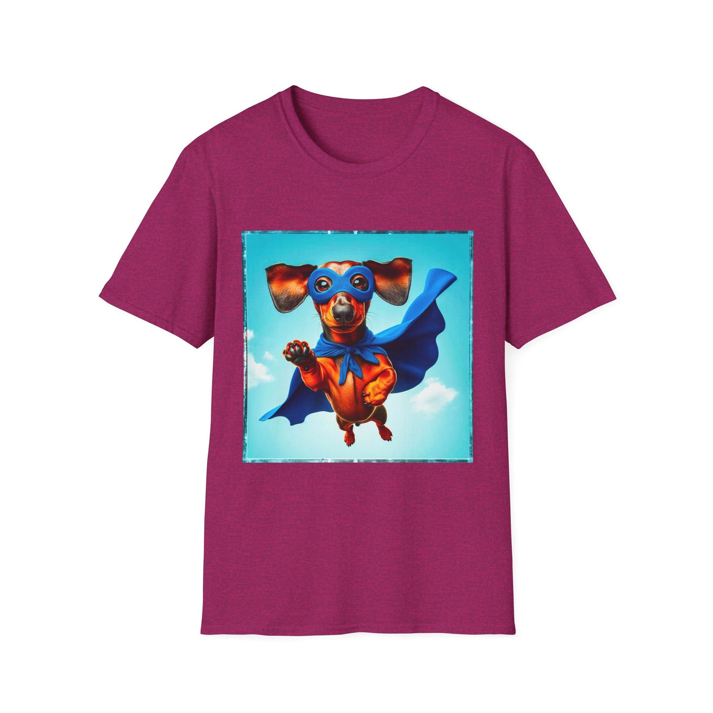 Dachshund flying superhero t shirt T-Shirt Printify S Antique Heliconia