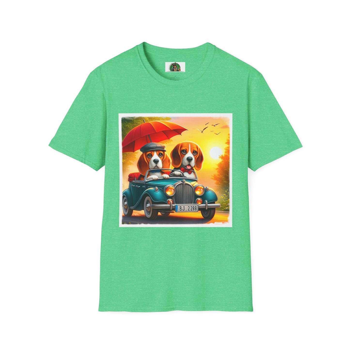 Wacky Beagle Couple In Tiny Car T-Shirt Printify S Heather Irish Green