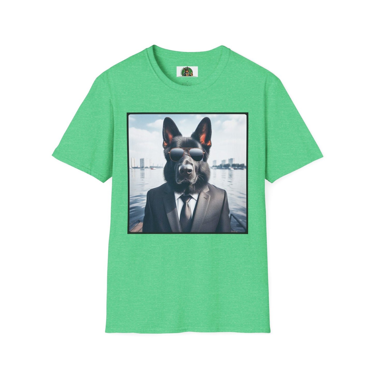 German Shepherd men in black shirt T-Shirt Printify Heather Irish Green S