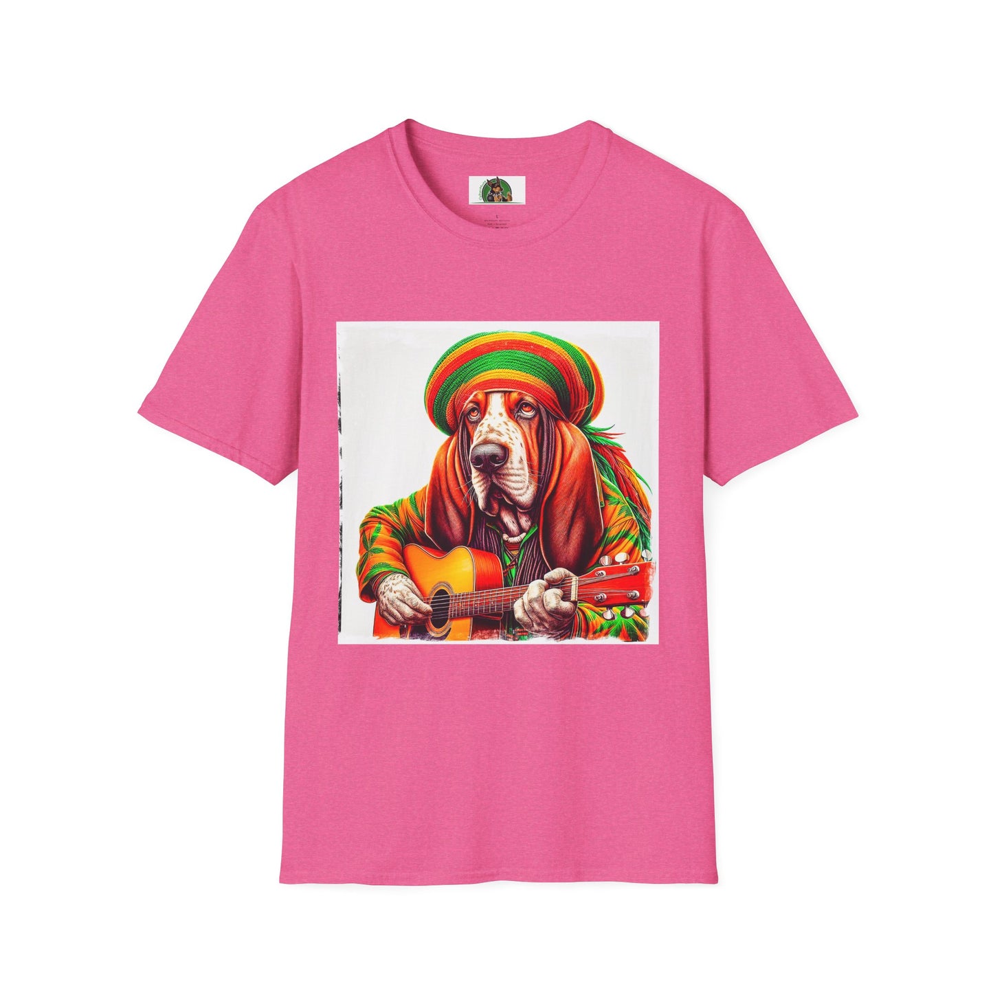 Basset Hound Rasta Dog Playing Guitar T-Shirt Printify S Heather Heliconia