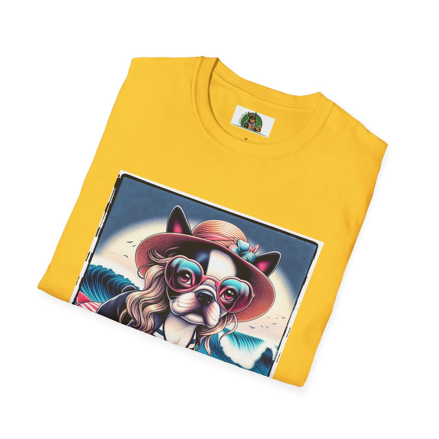 Boston Terrier Blonde Surfer Girl Dog T-Shirt Printify