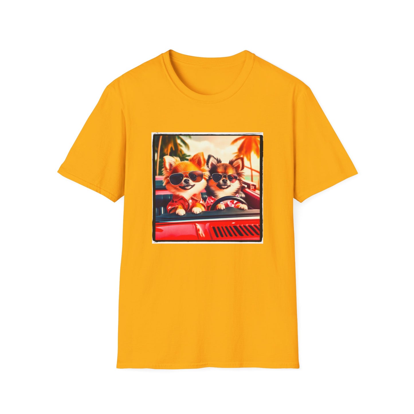 Chihuahua driving beach scene t shirt T-Shirt Printify S Gold