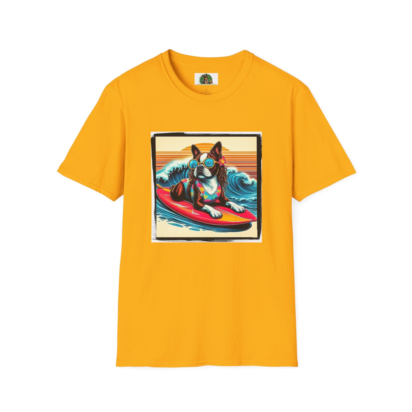 Boston Terrier Surfer Dog T-Shirt Printify S Gold