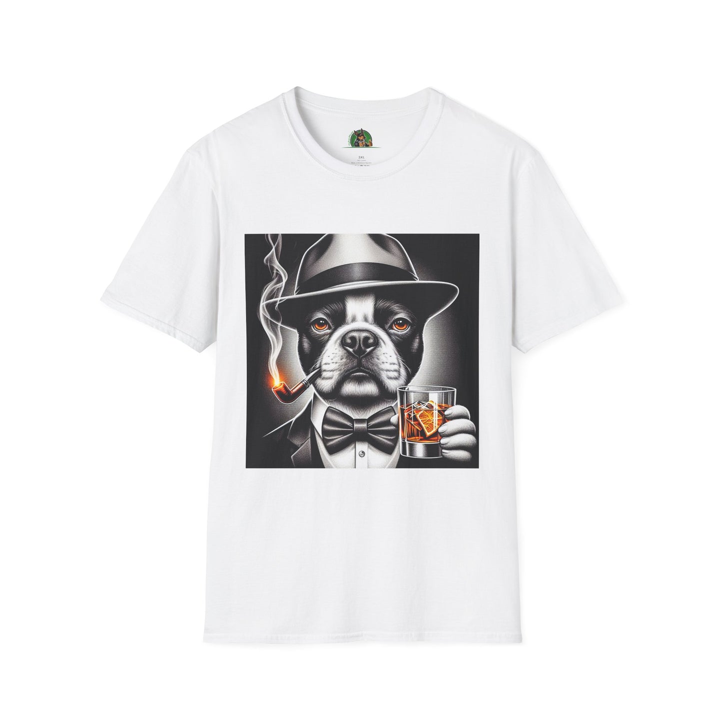 Boston Terrier Dog Smoking Pipe Drinking Whiskey T-Shirt Printify S White