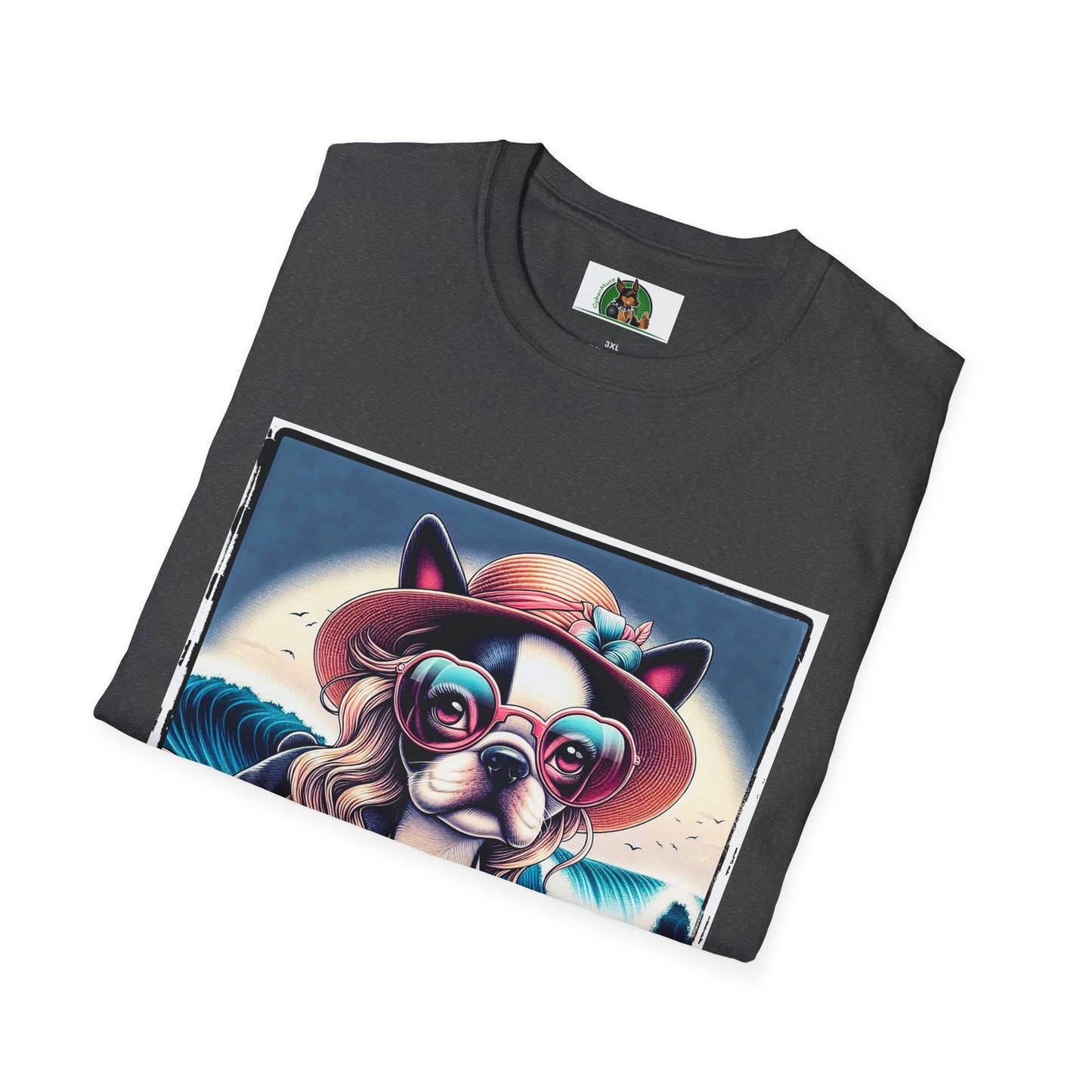 Boston Terrier Blonde Surfer Girl Dog T-Shirt Printify