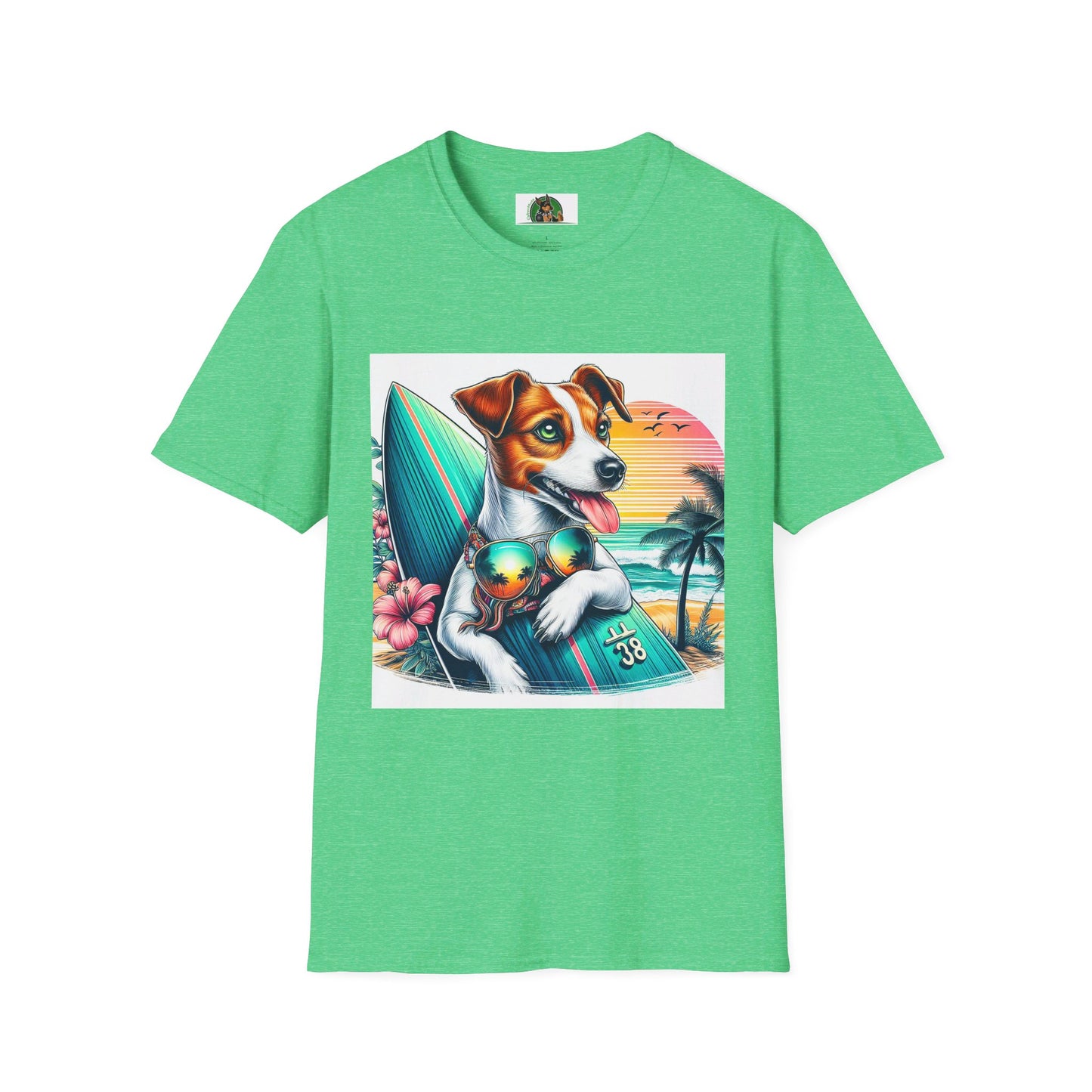 Jack Russell Sunset Surfer T-Shirt Printify S Heather Irish Green