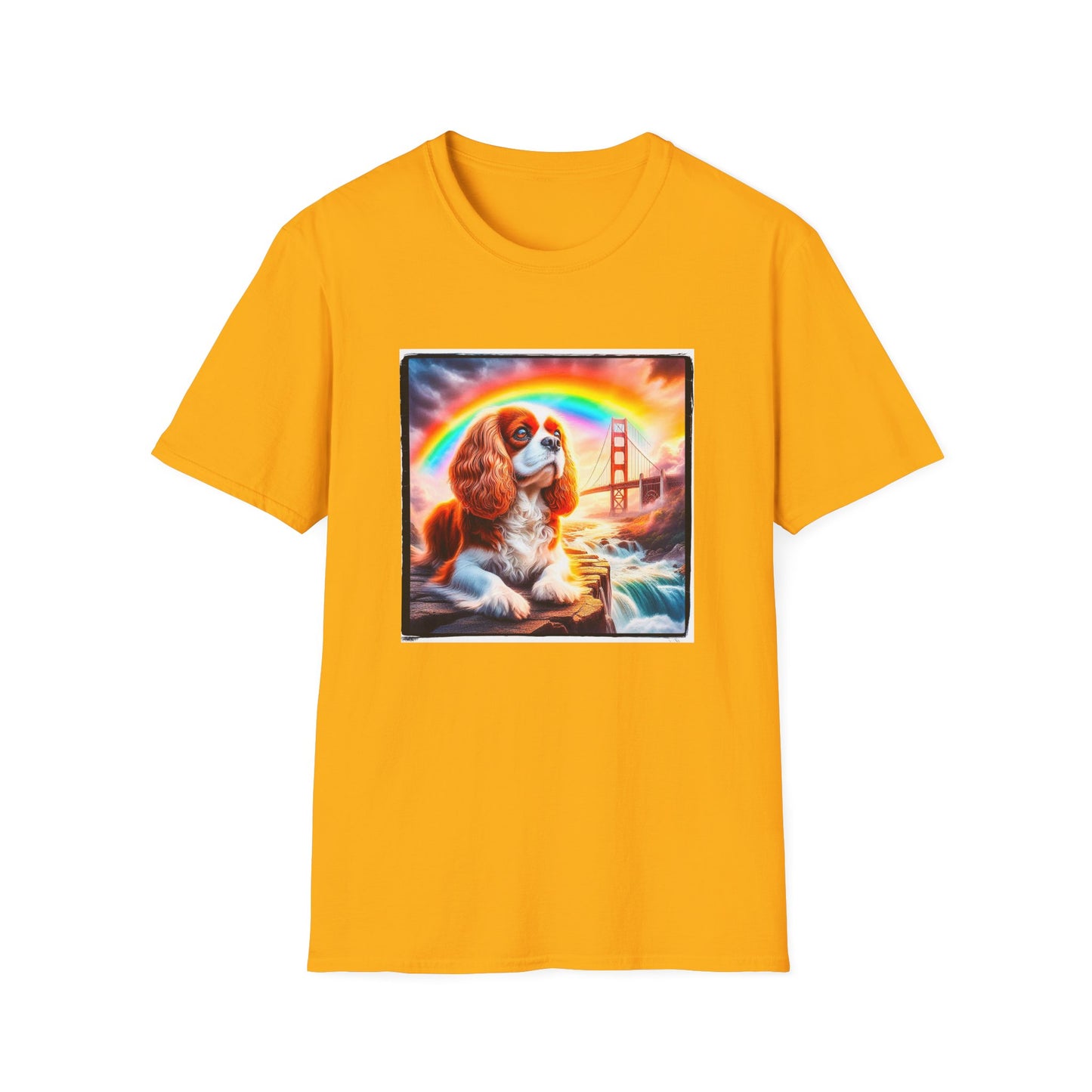 Cavalier King Charles Spaniel Rainbow Bridge TShirt T-Shirt Printify S Gold