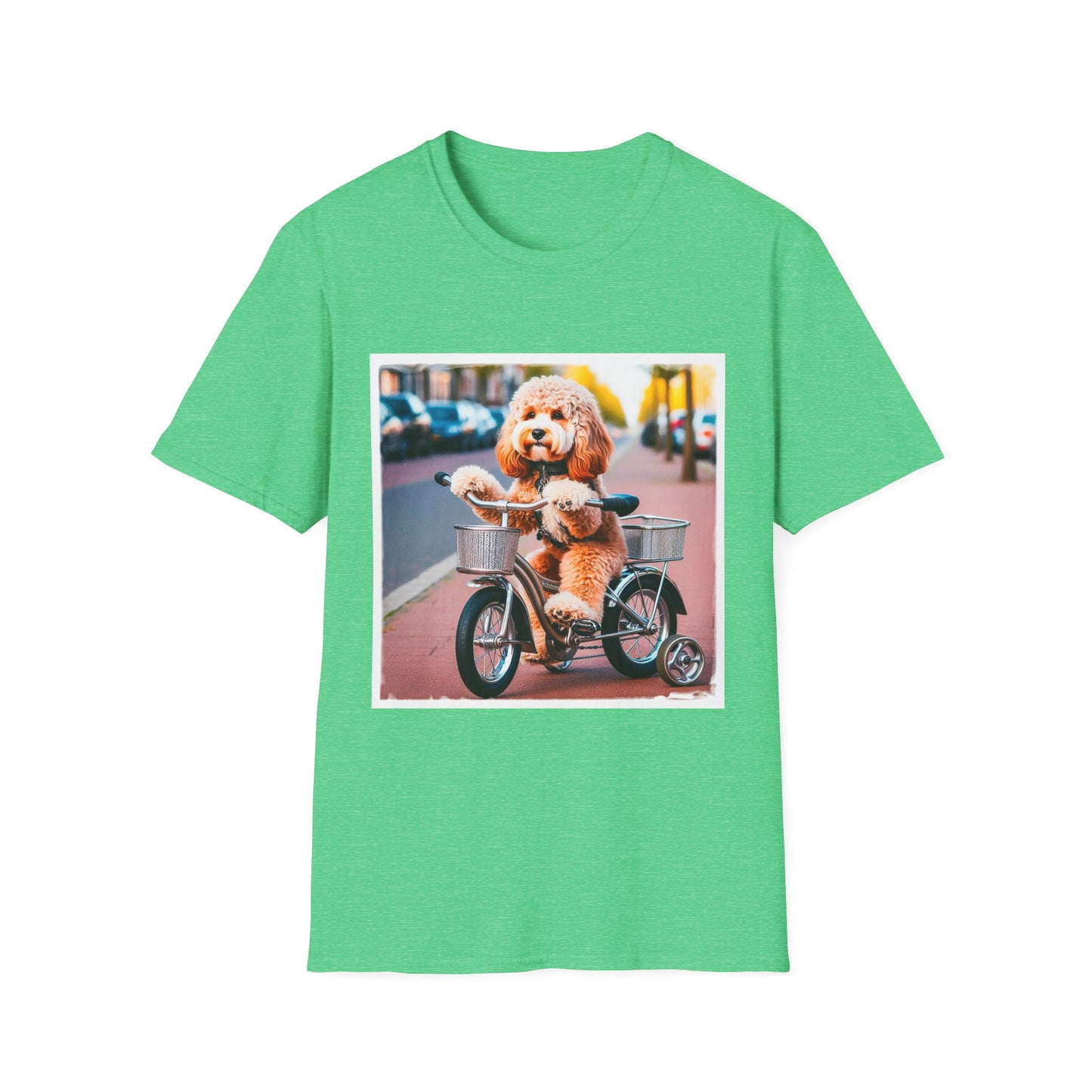 CockerPoo bike stroll t shirt T-Shirt Printify S Heather Irish Green