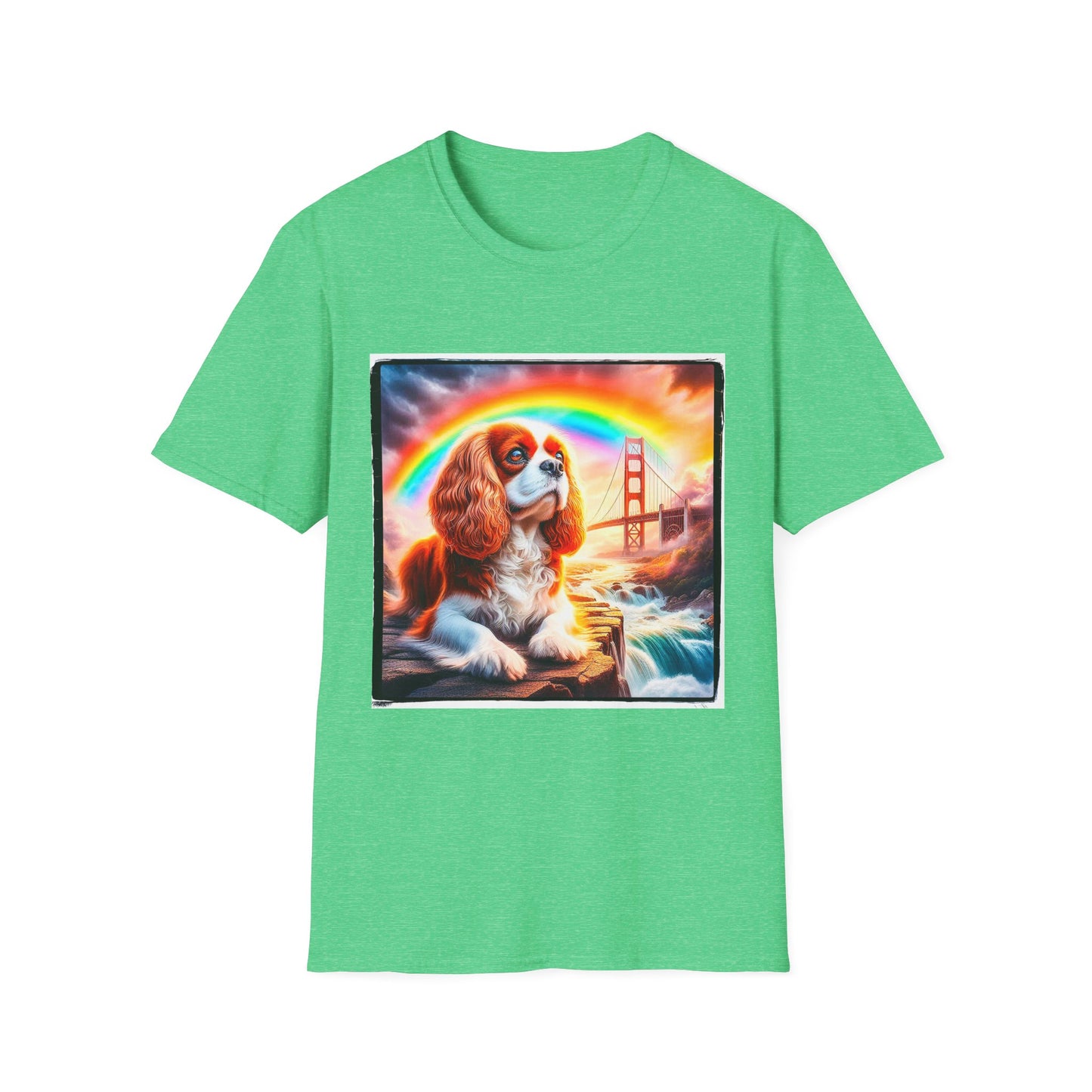 Cavalier King Charles Spaniel Rainbow Bridge TShirt T-Shirt Printify S Heather Irish Green