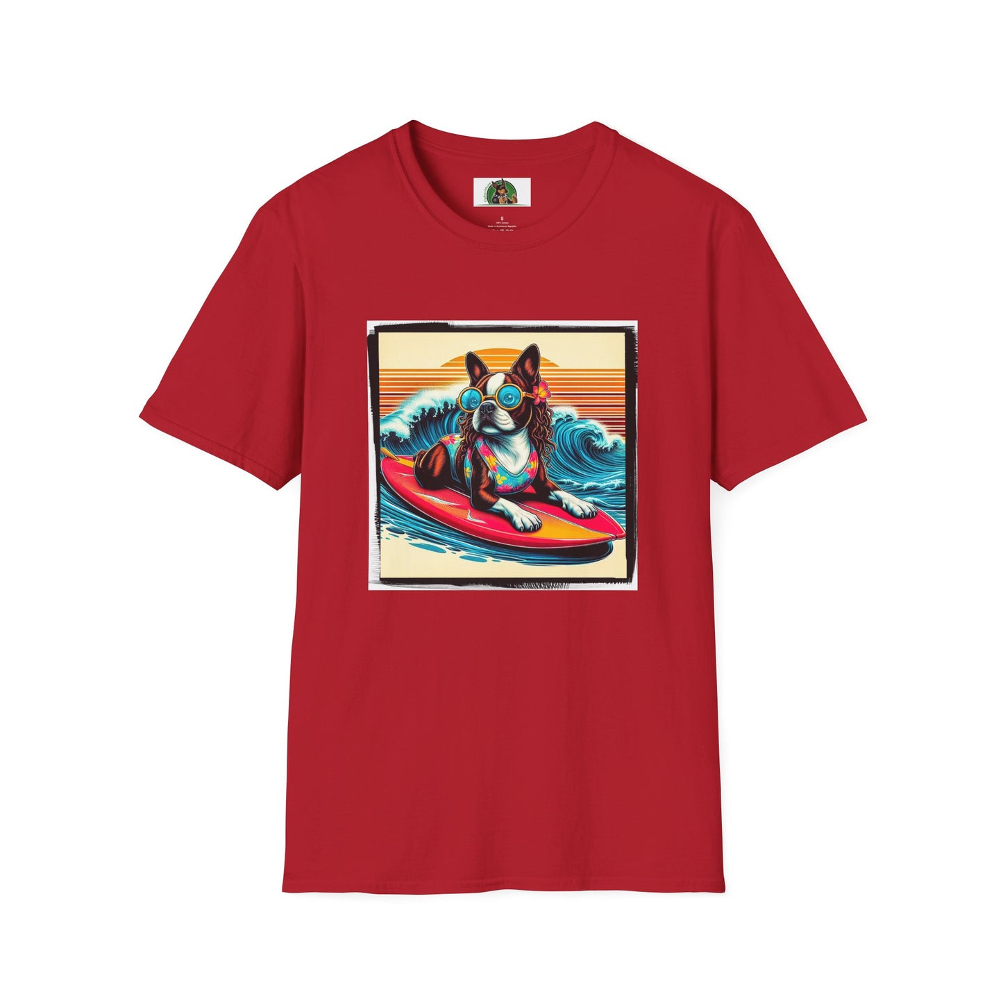 Boston Terrier Surfer Dog T-Shirt Printify S Cherry Red