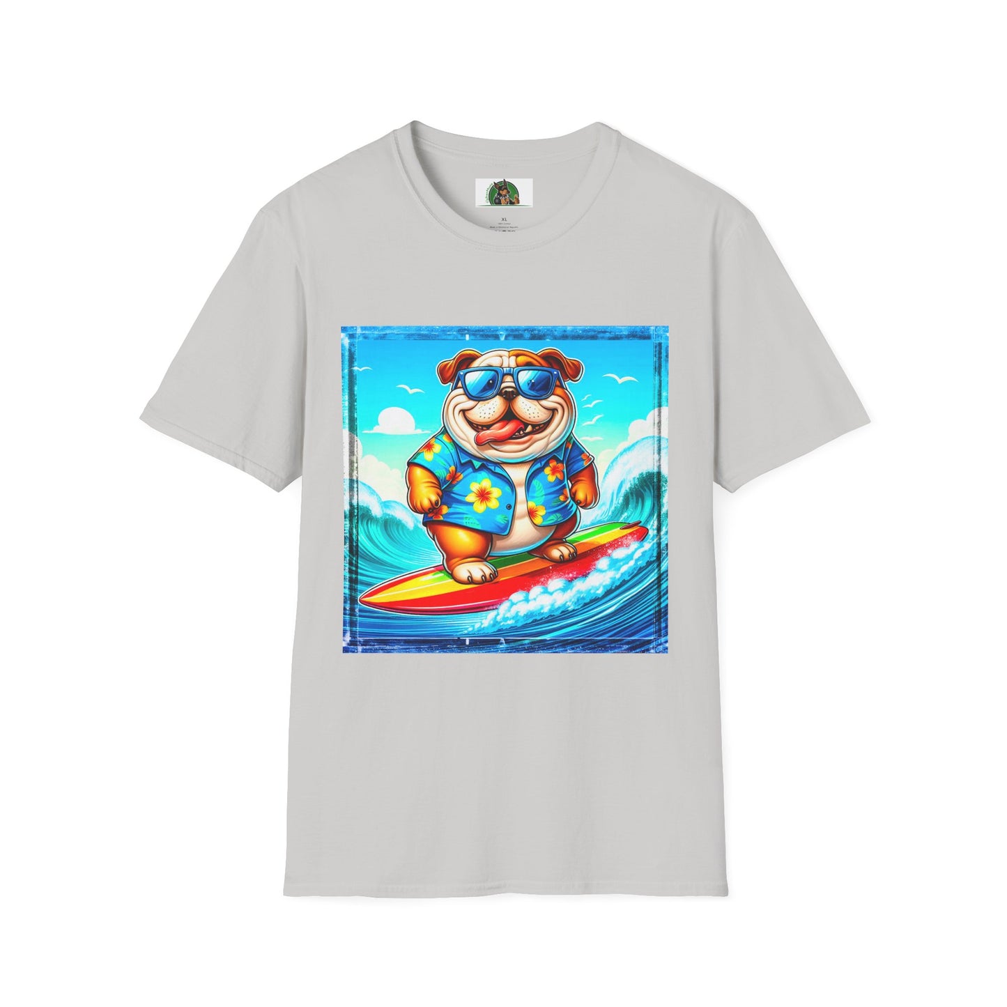 Bulldog surfing fun t shirt T-Shirt Printify S Ice Grey