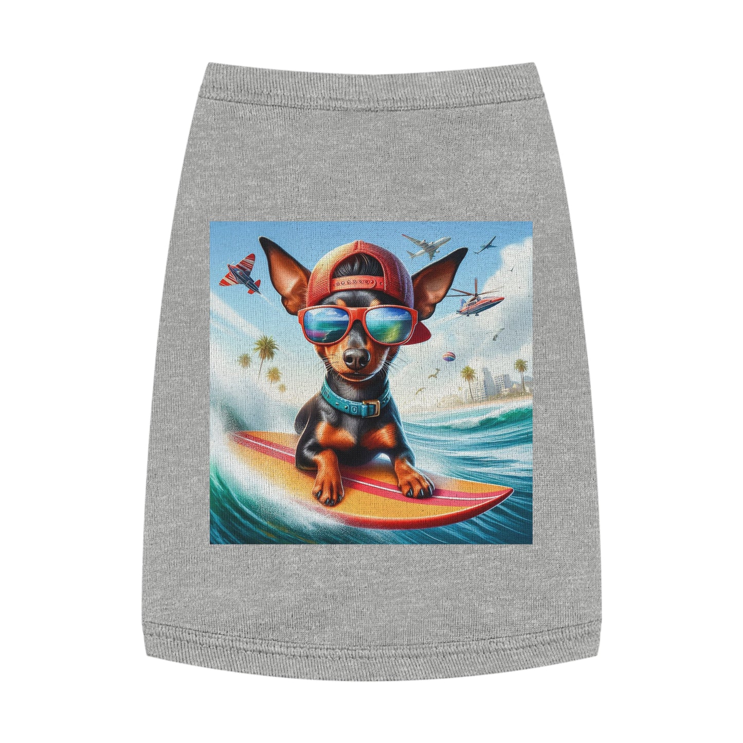 Min Pin Tank Tops surfer puppy dog Pets Printify M Heather
