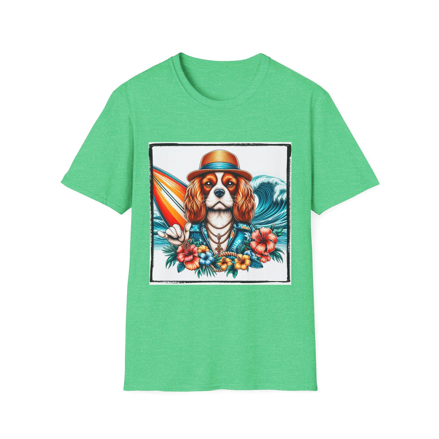 Cavalier King Charles Spaniel Hang Ten Surfer Dog TShirt T-Shirt Printify S Heather Irish Green