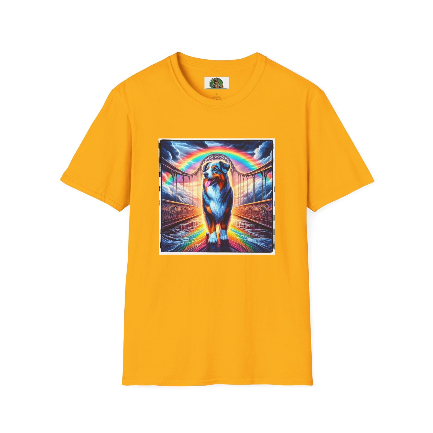 Australian Shepherd Walking Rainbow Bridge T-Shirt Printify S Gold