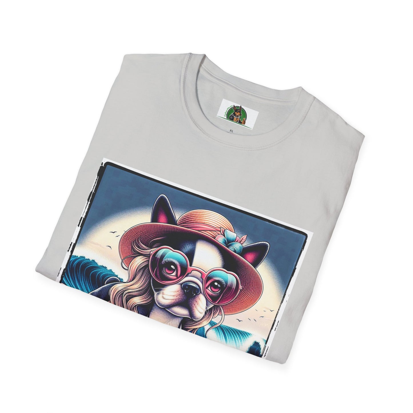 Boston Terrier Blonde Surfer Girl Dog T-Shirt Printify