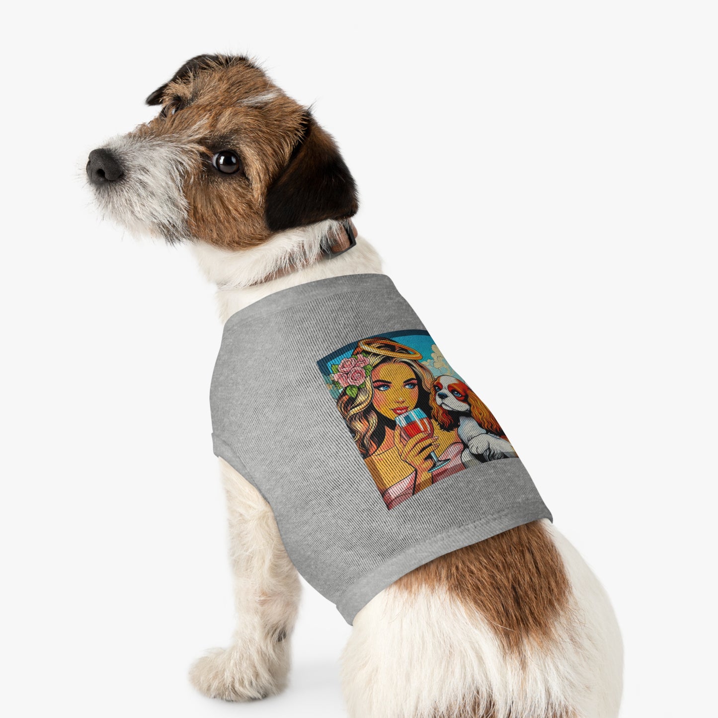 Pet Tank Top Cavalier King Charles Spaniel Angel sipping Wine T Shirt Pets Printify