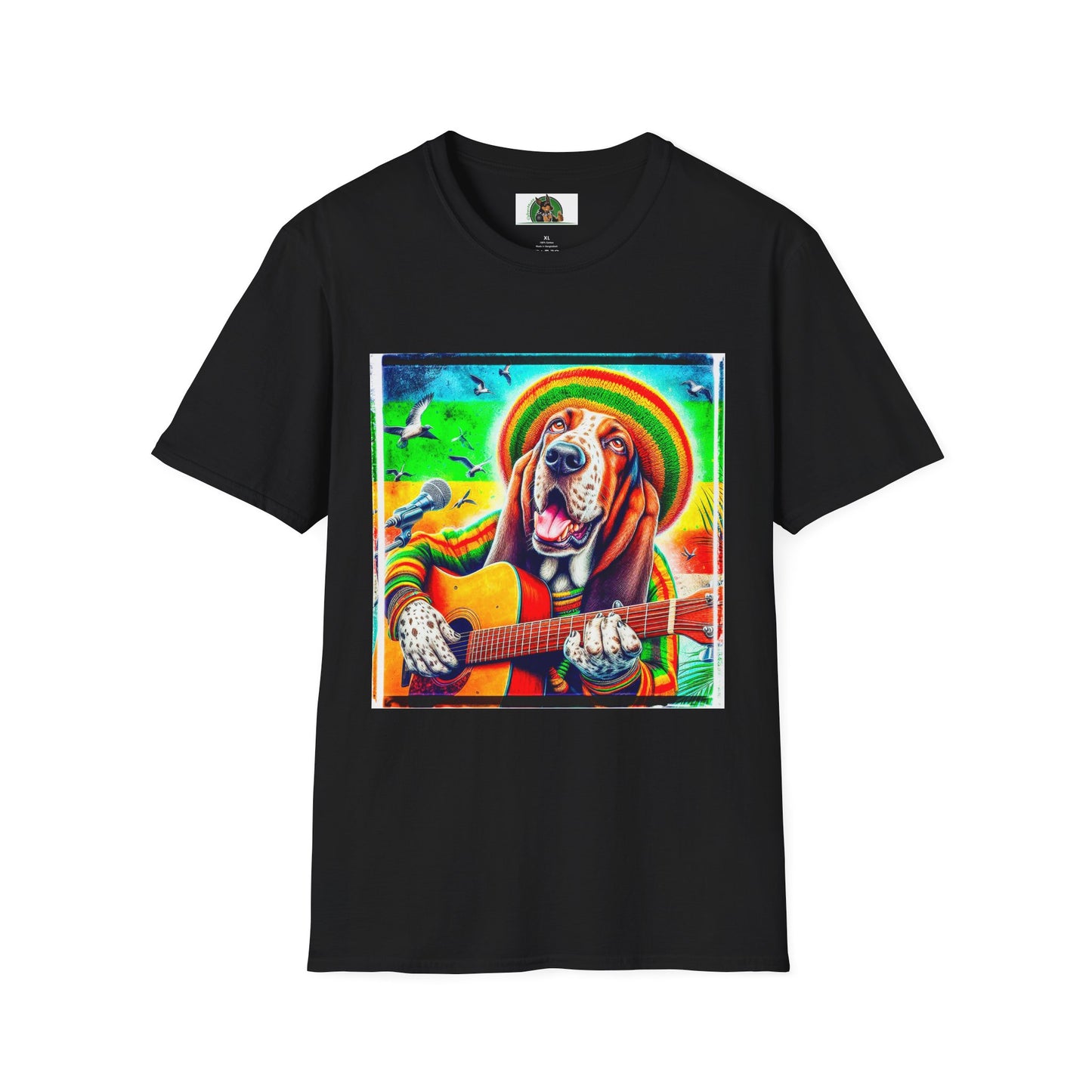 Basset Hound Rasta Dog Playing Guitar T-Shirt Printify XS Black