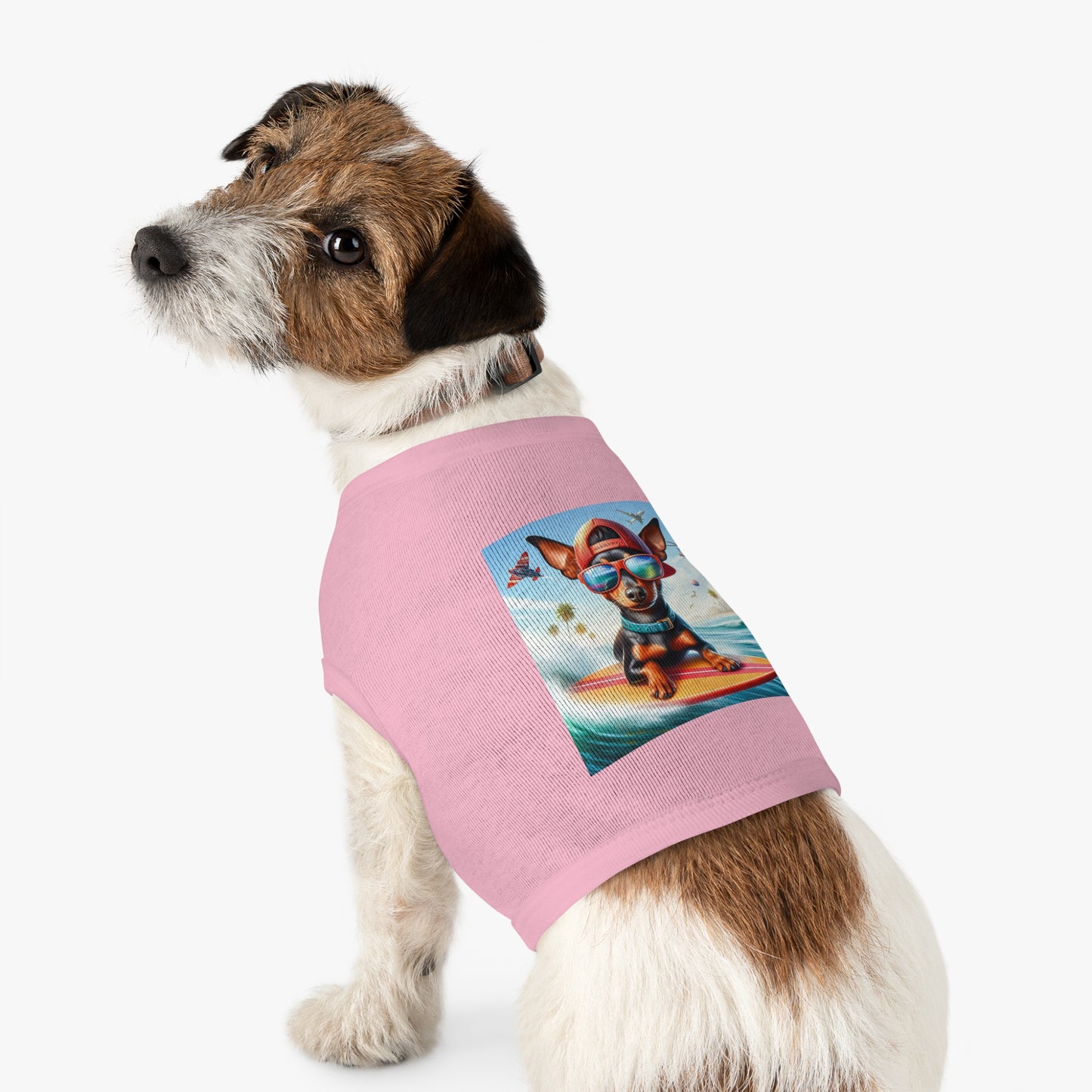 Min Pin Tank Tops surfer puppy dog Pets Printify