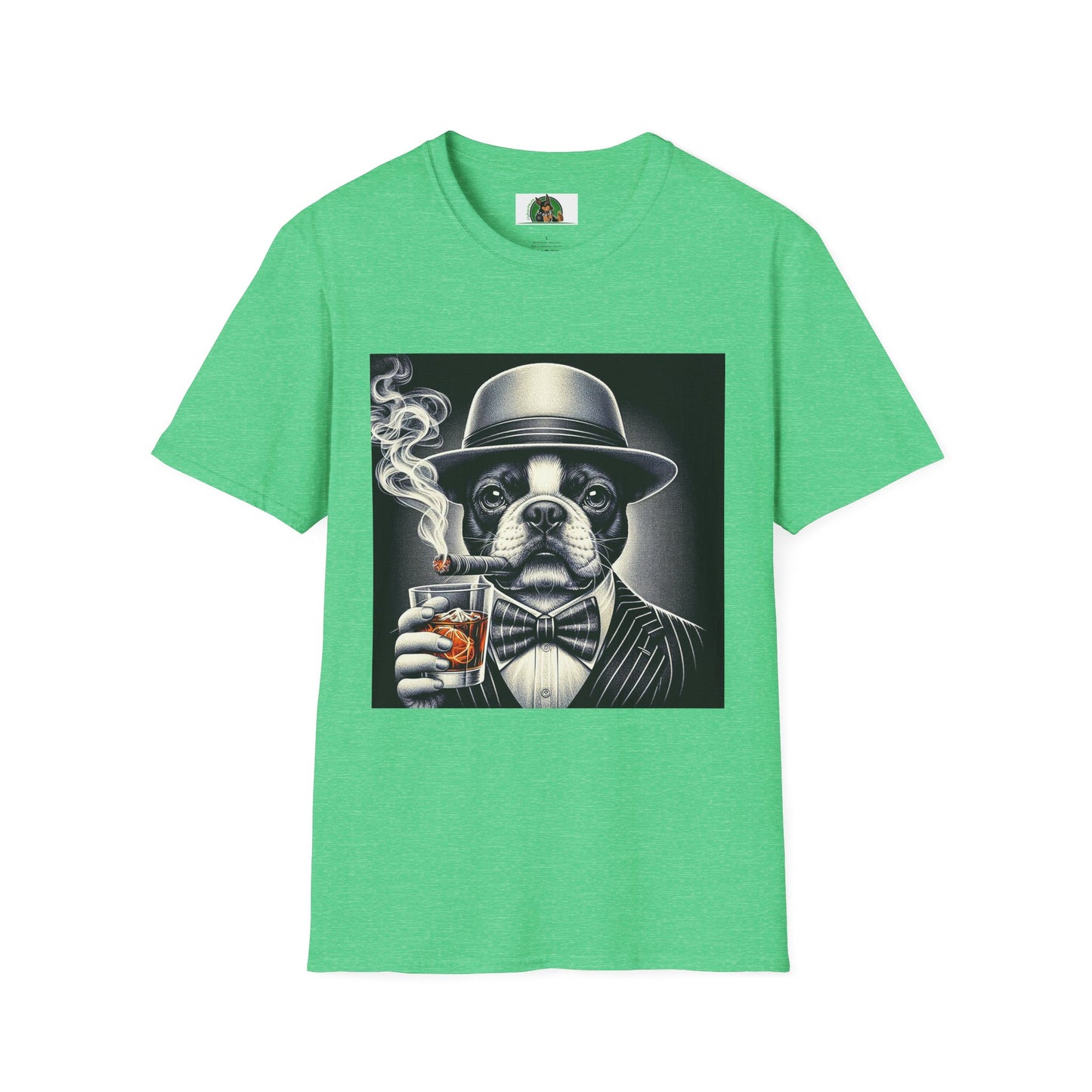 Boston Terrier Male Dog Smoking Cigar Drinking Whiskey T-Shirt Printify S Heather Irish Green