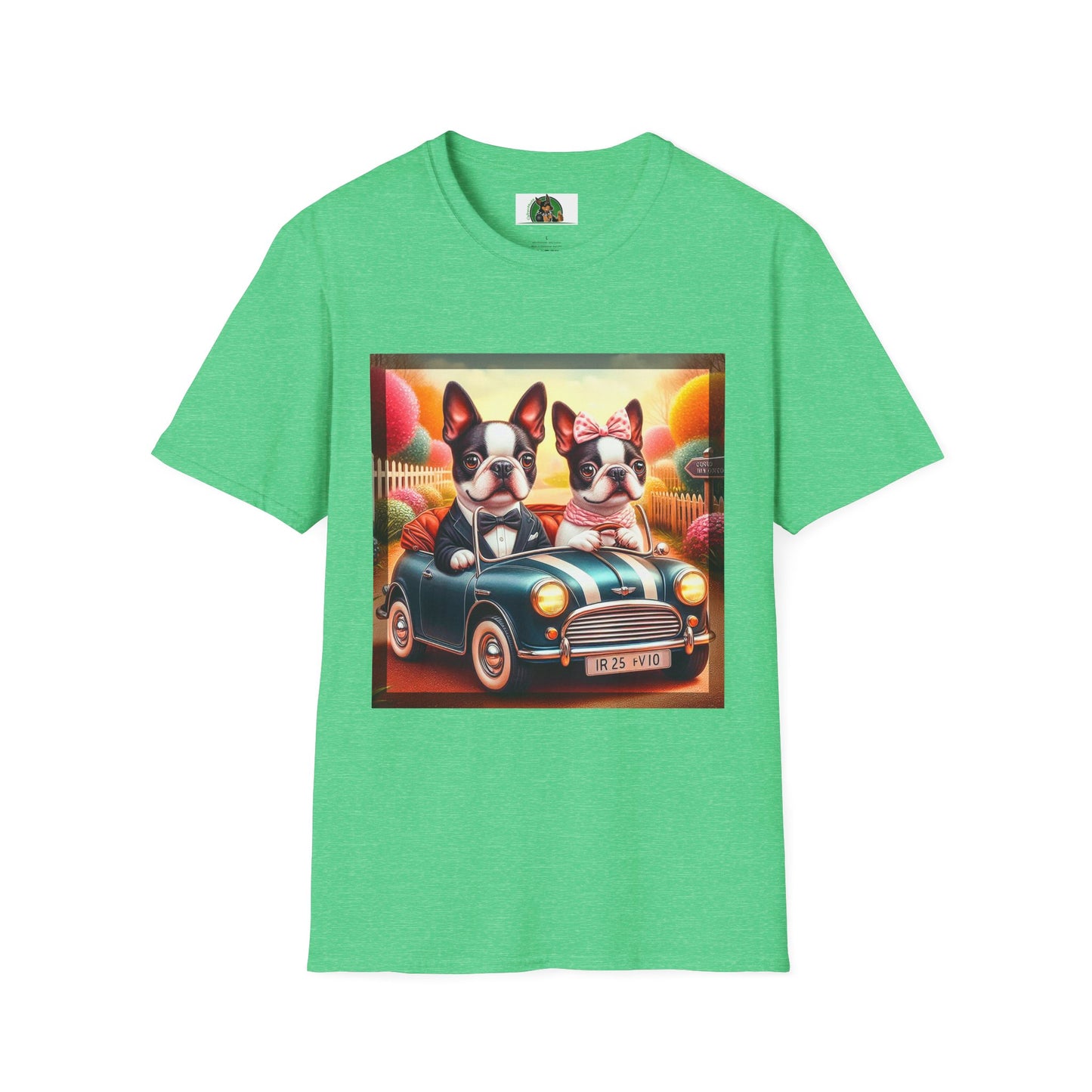Wacky Boston Terrier Cute Dogs In Tiny Car Shirt T-Shirt Printify S Heather Irish Green
