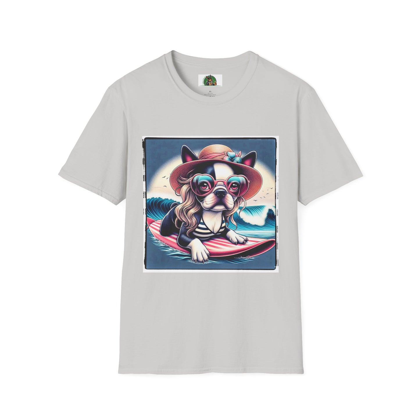 Boston Terrier Blonde Surfer Girl Dog T-Shirt Printify S Ice Grey
