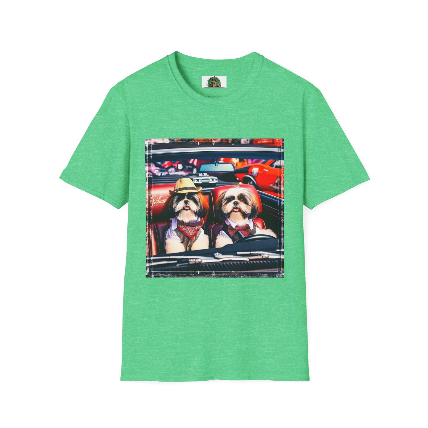 Wacky Shih Tzu driving frirbfs T-Shirt Printify S Heather Irish Green
