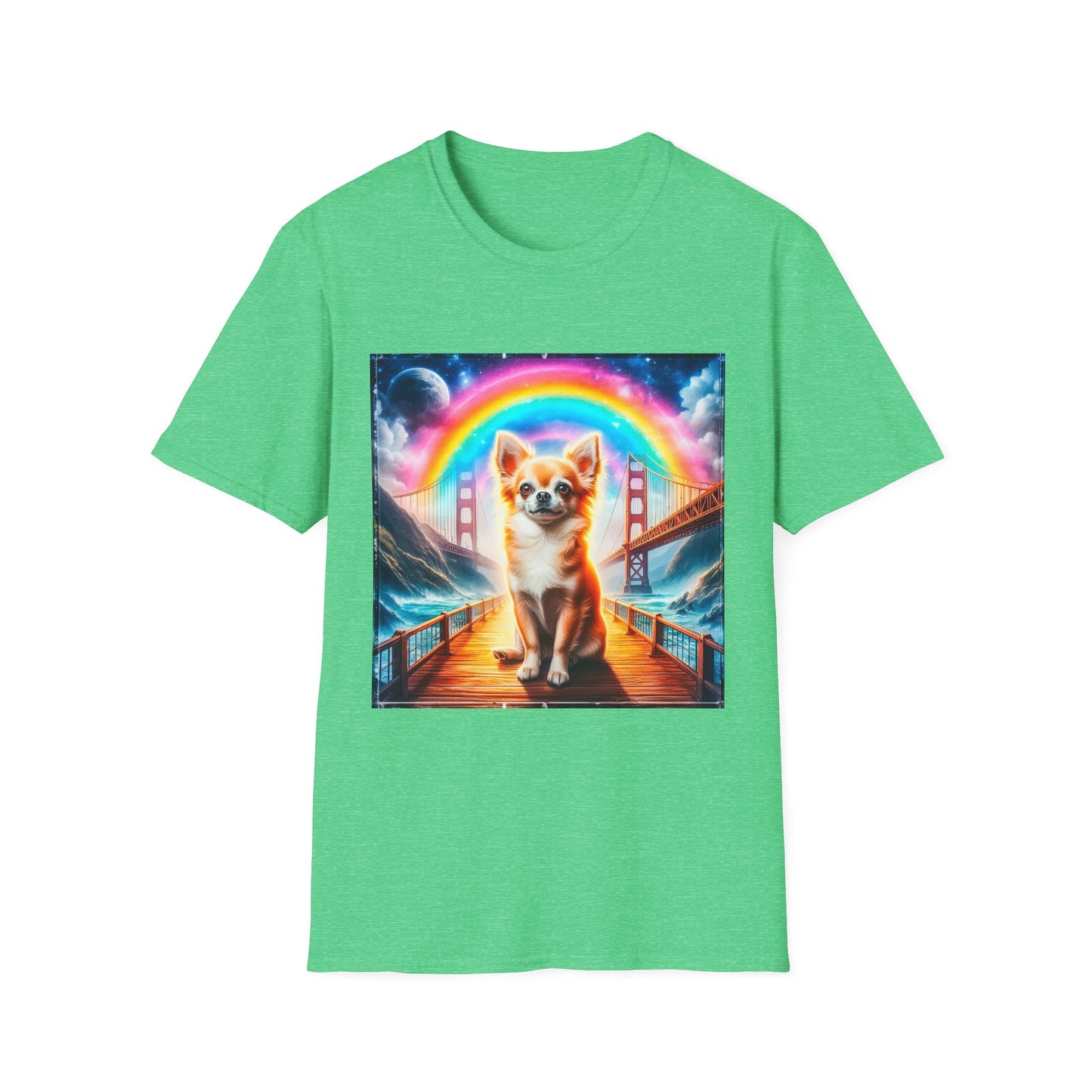 Chihuahua rainbow bridge t shirt T-Shirt Printify S Heather Irish Green