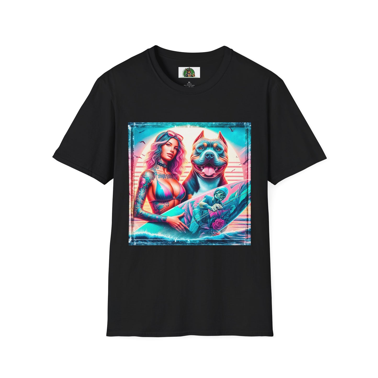Pit Bull surfer and girl T-Shirt Printify XS Black