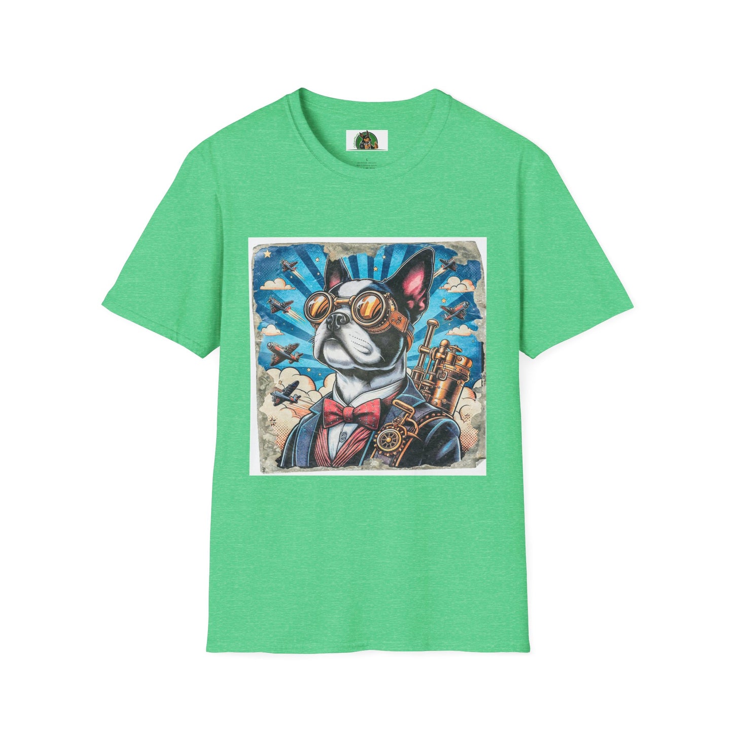 Boston Terrier Steampunk Watching Planes Fly By T-Shirt Printify S Heather Irish Green
