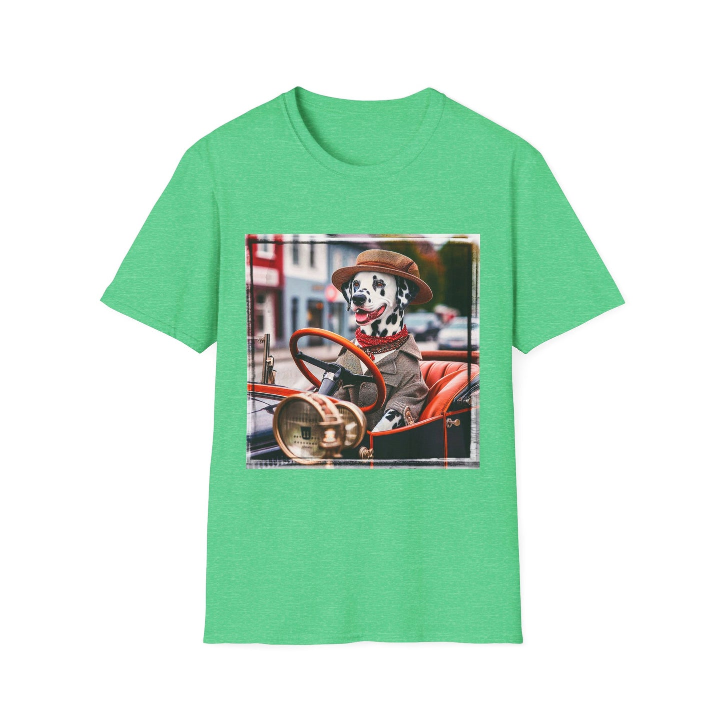 Dalmatian driving and cruising t shirt T-Shirt Printify S Heather Irish Green