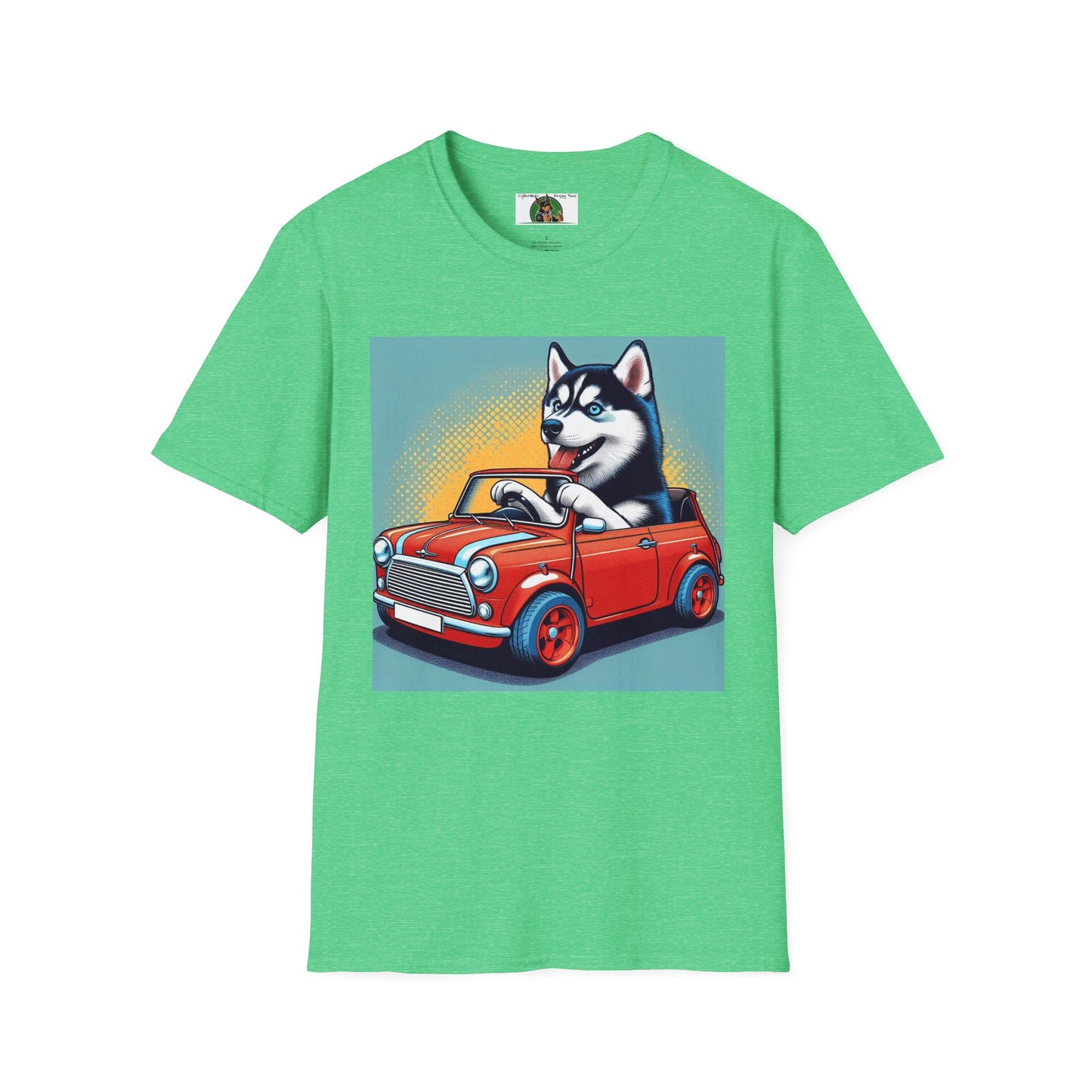 Husky in a Wacky Little Car T-Shirt Printify Heather Irish Green S