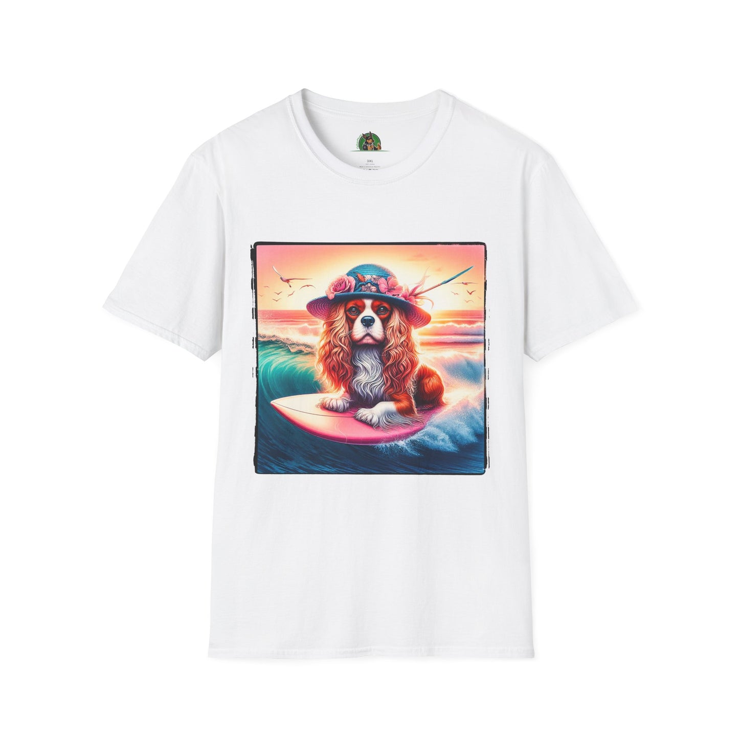 Cavalier King Charles Spaniel Female Surfing Dog With Summer Hat TShirt T-Shirt Printify XS White