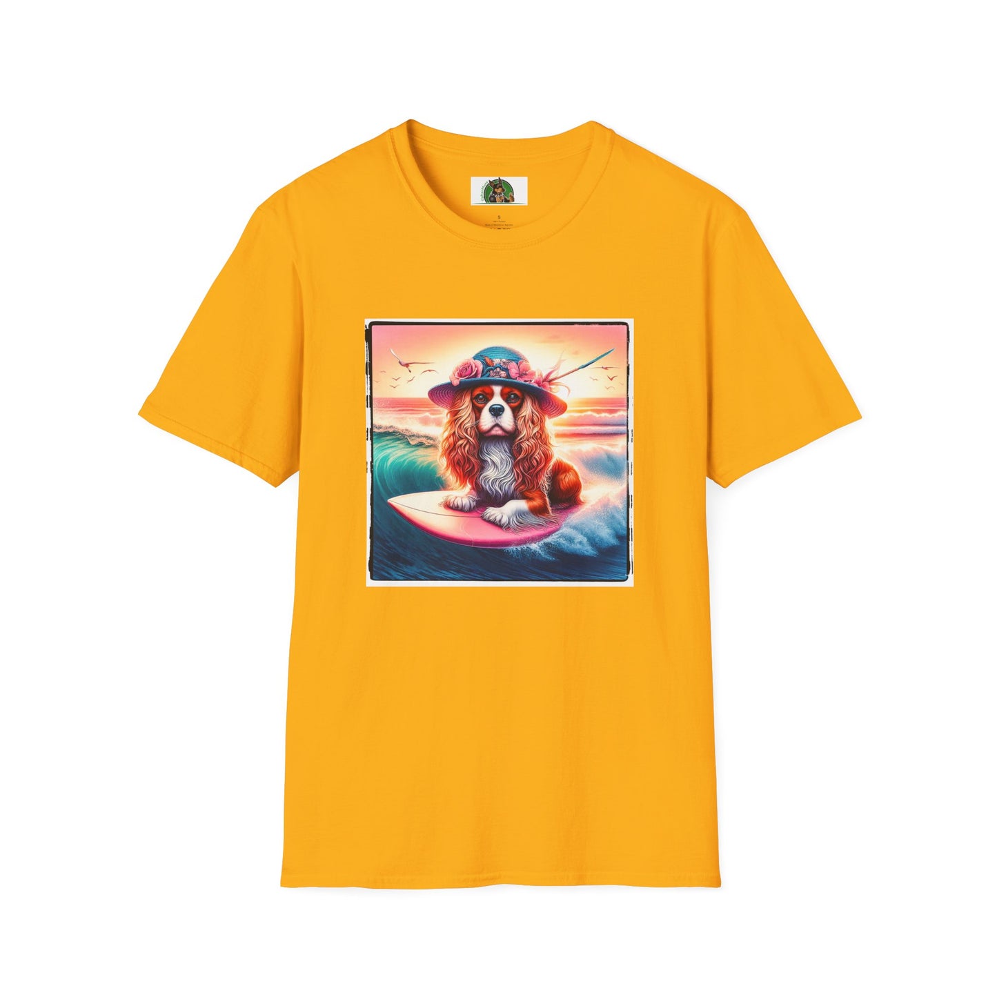 Cavalier King Charles Spaniel Female Surfing Dog With Summer Hat TShirt T-Shirt Printify S Gold