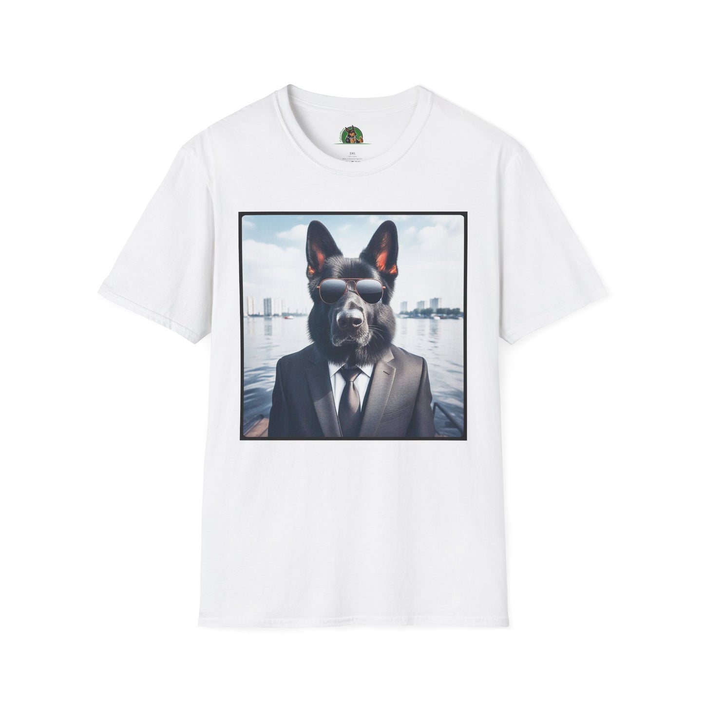 German Shepherd men in black shirt T-Shirt Printify White S
