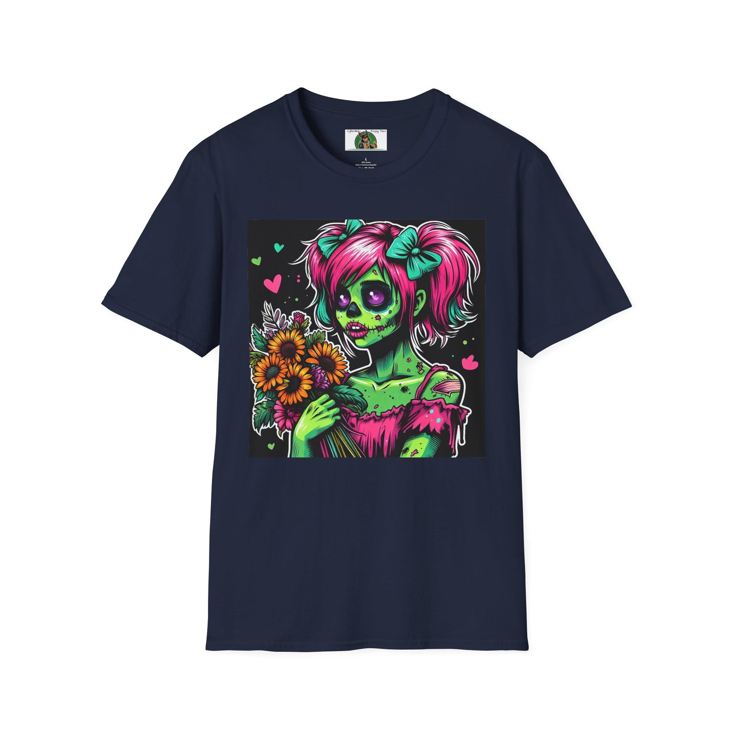 Zombie Pinup Girl with Flowers T-Shirt Printify Navy S