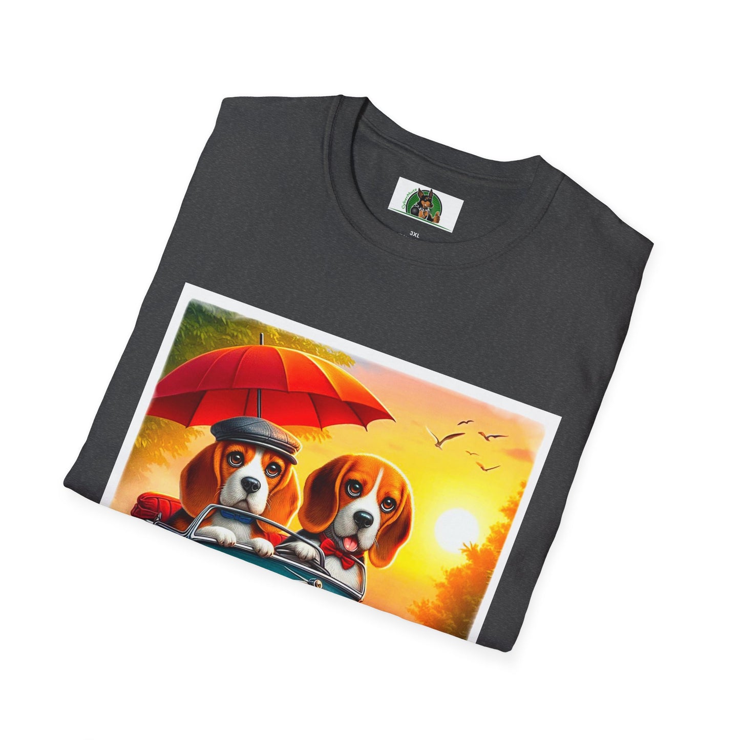 Wacky Beagle Couple In Tiny Car T-Shirt Printify
