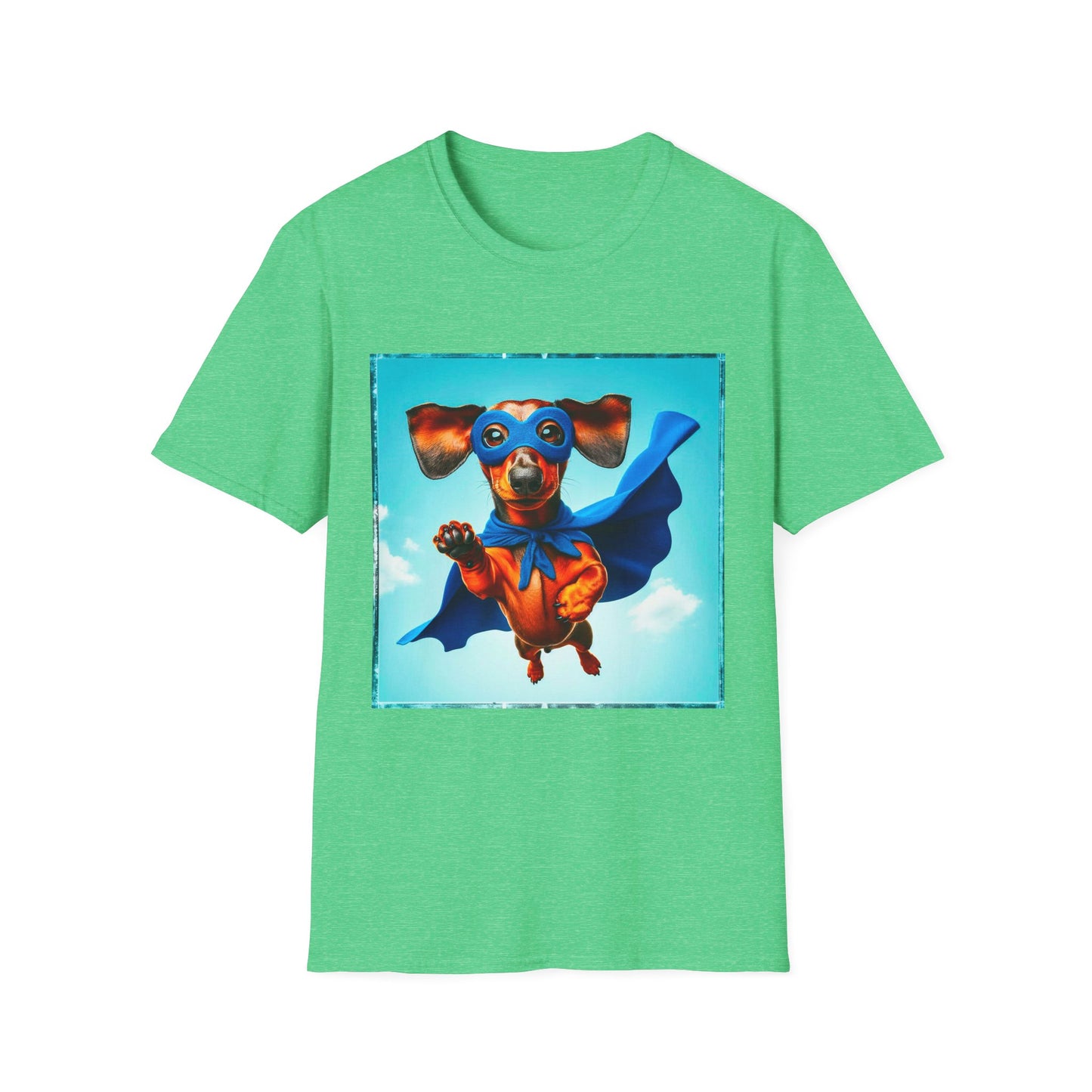 Dachshund flying superhero t shirt T-Shirt Printify S Heather Irish Green