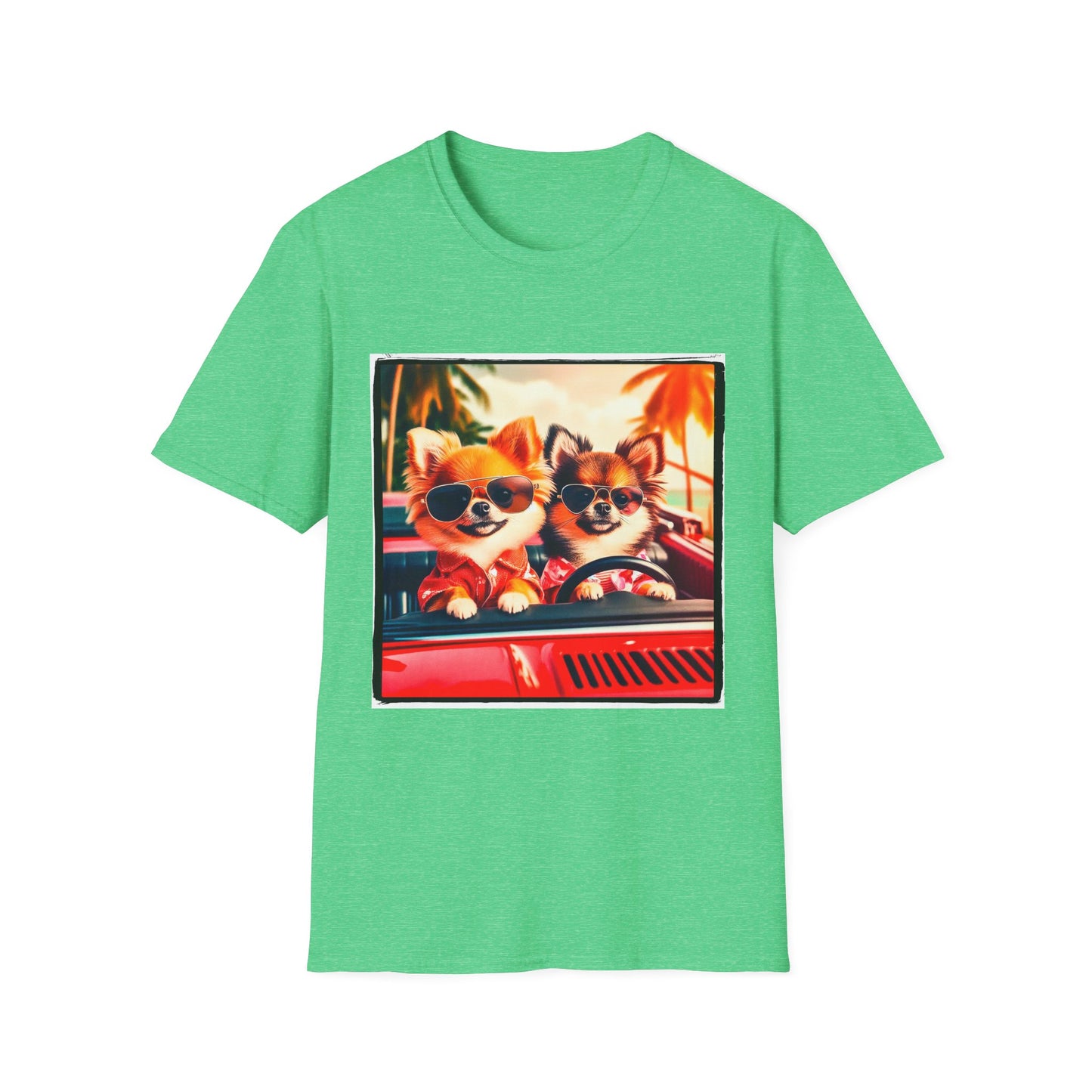 Chihuahua driving beach scene t shirt T-Shirt Printify S Heather Irish Green