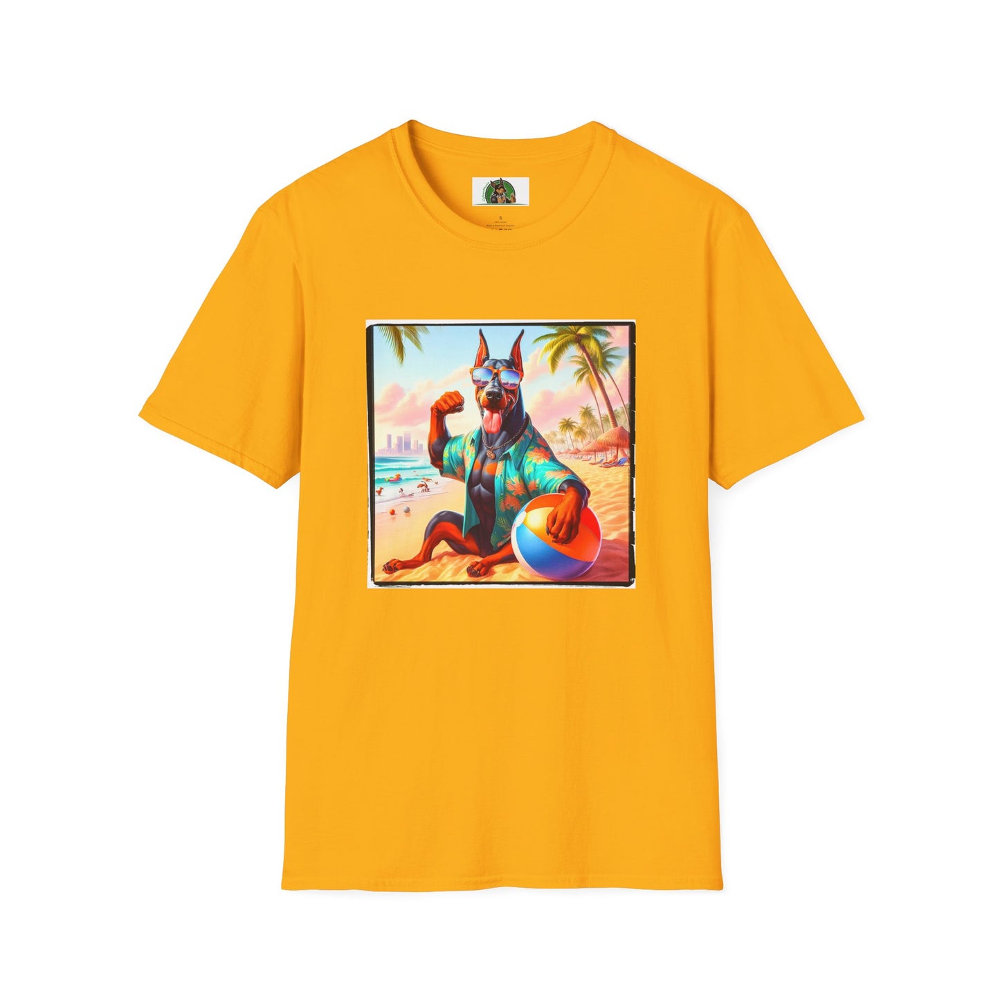 Doberman beach hunk t shirt T-Shirt Printify S Gold