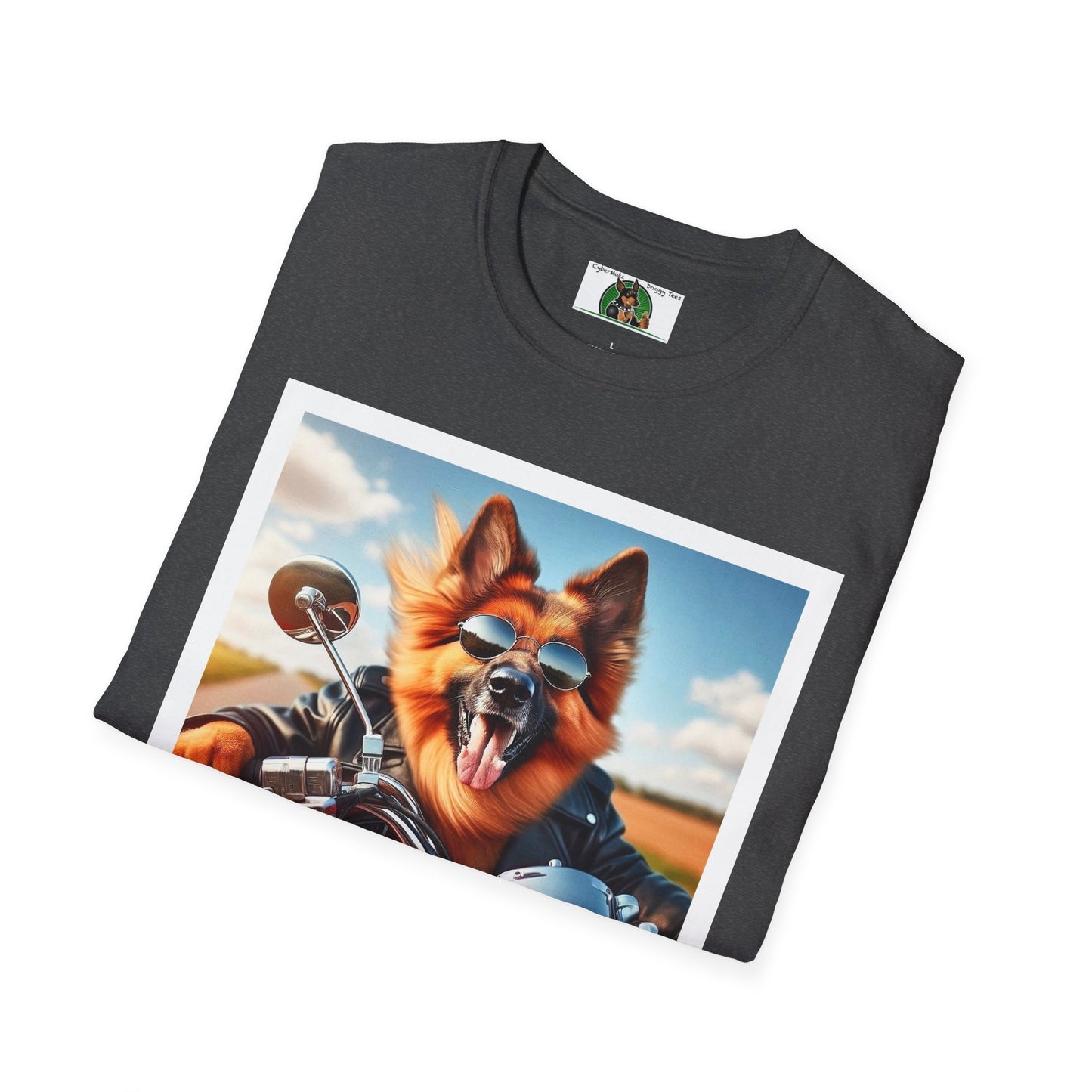 German Shepherd "Motorcycle!" Unisex Softstyle T-Shirt T-Shirt Printify