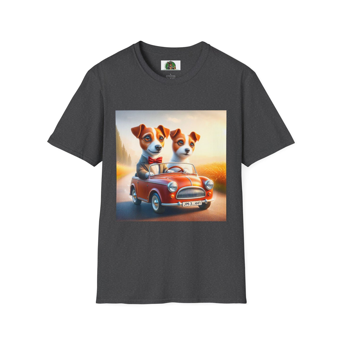 Wacky Jack Russell Puppy Couple Riding In Car T-Shirt Printify S Dark Heather