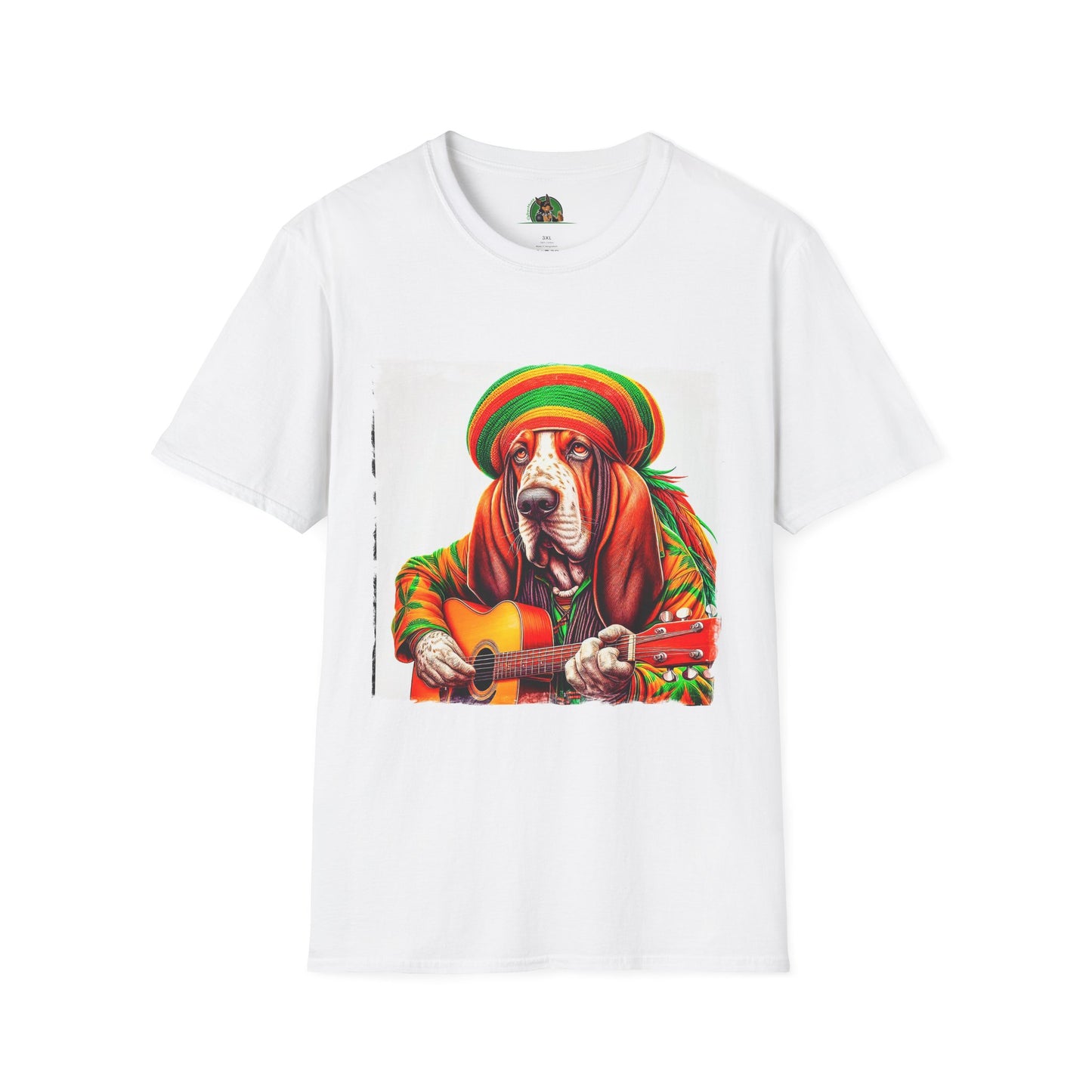 Basset Hound Rasta Dog Playing Guitar T-Shirt Printify XS White