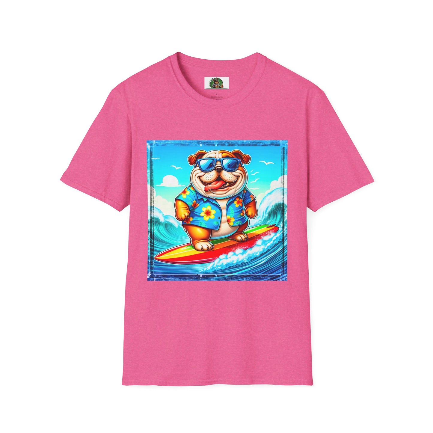 Bulldog surfing fun t shirt T-Shirt Printify S Heather Heliconia