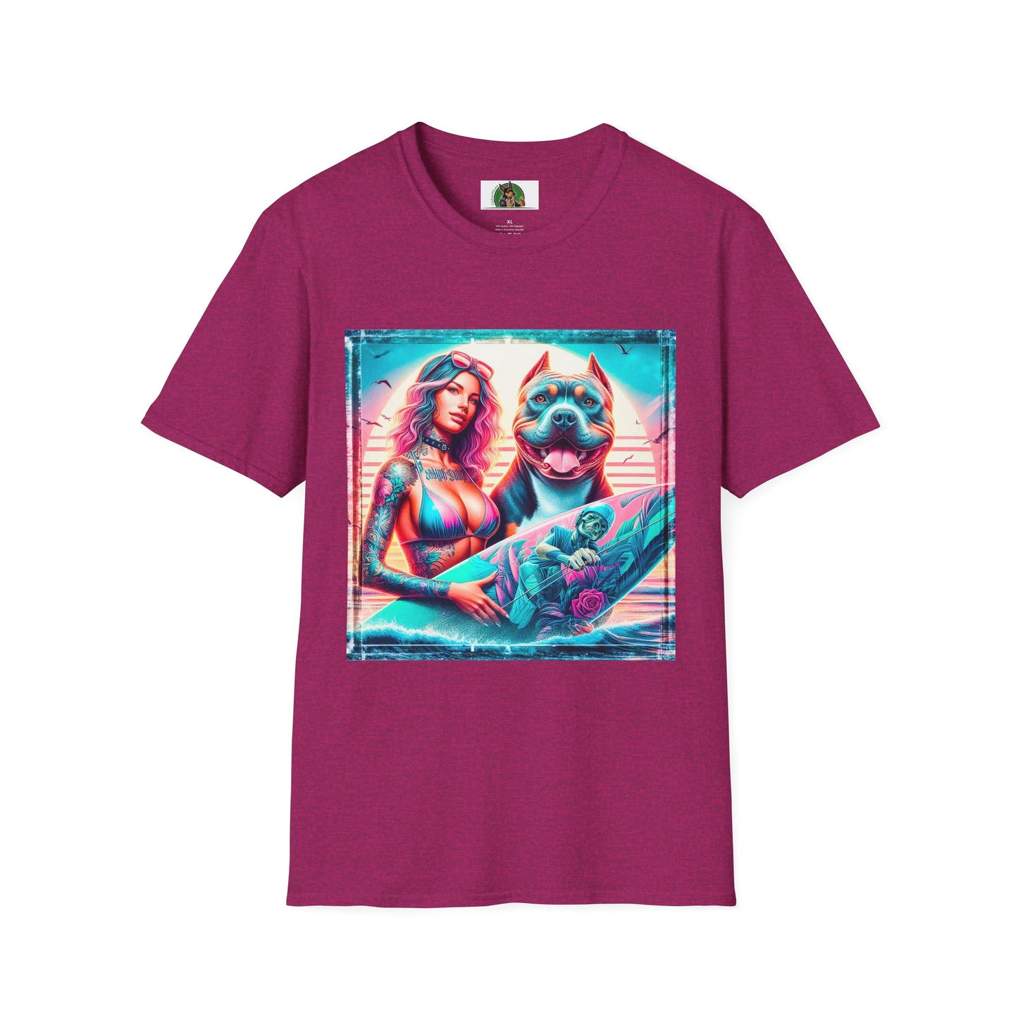 Pit Bull surfer and girl T-Shirt Printify S Antique Heliconia