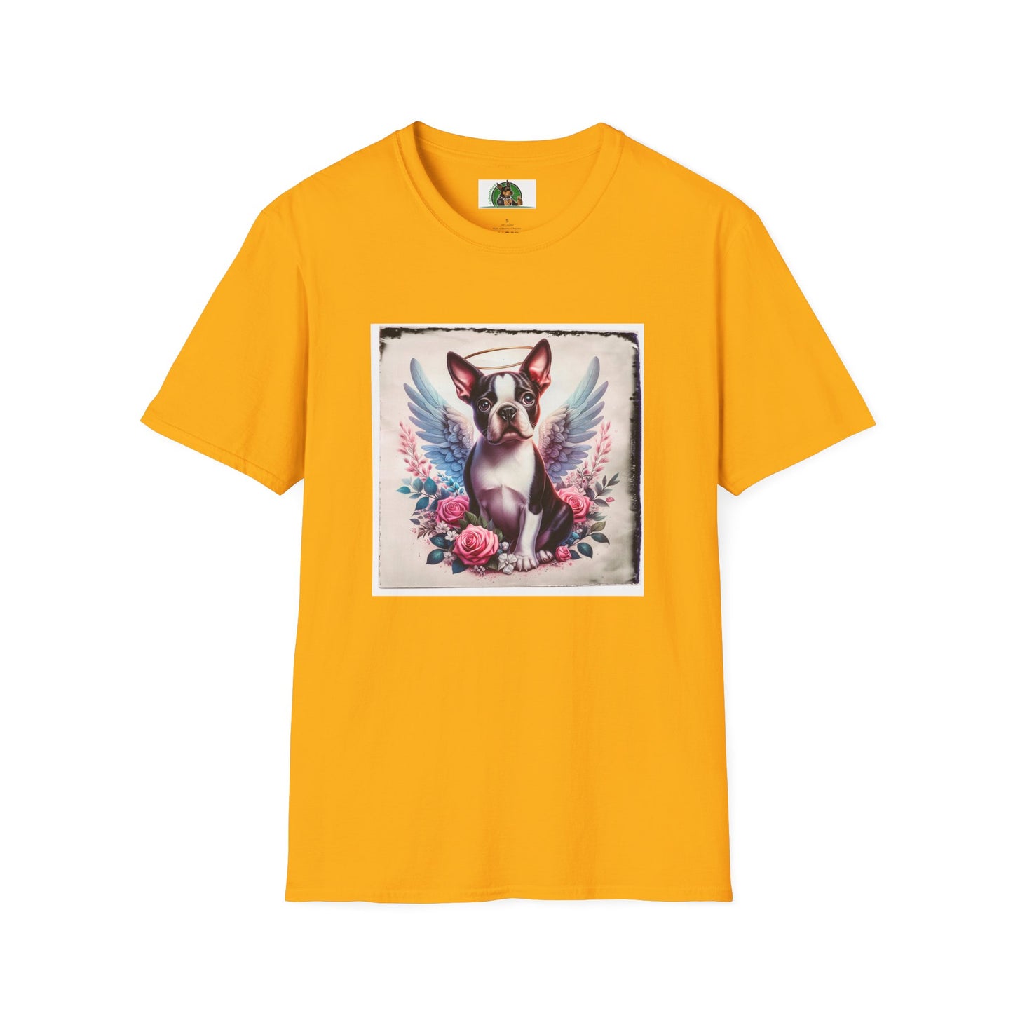 Boston Terrier Terrier Angel And Roses Tshirt T-Shirt Printify S Gold