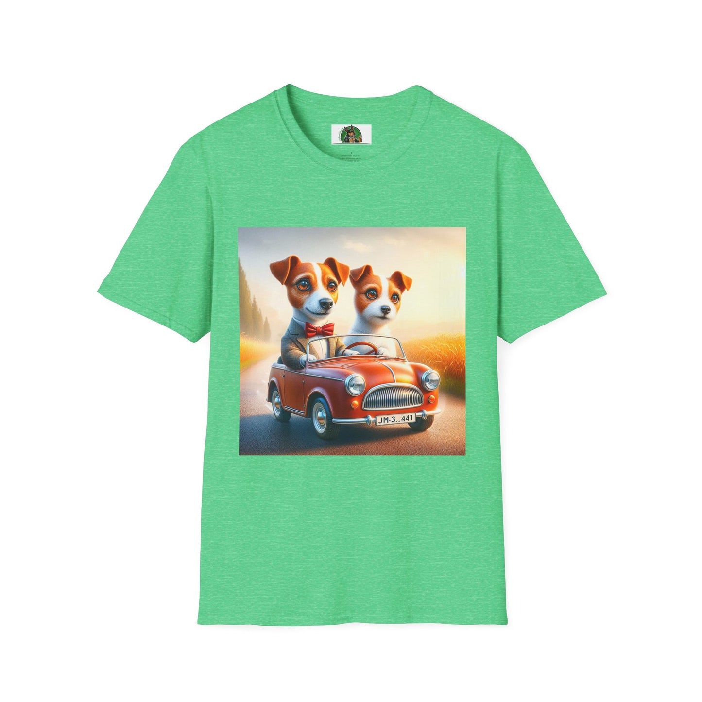 Wacky Jack Russell Puppy Couple Riding In Car T-Shirt Printify S Heather Irish Green